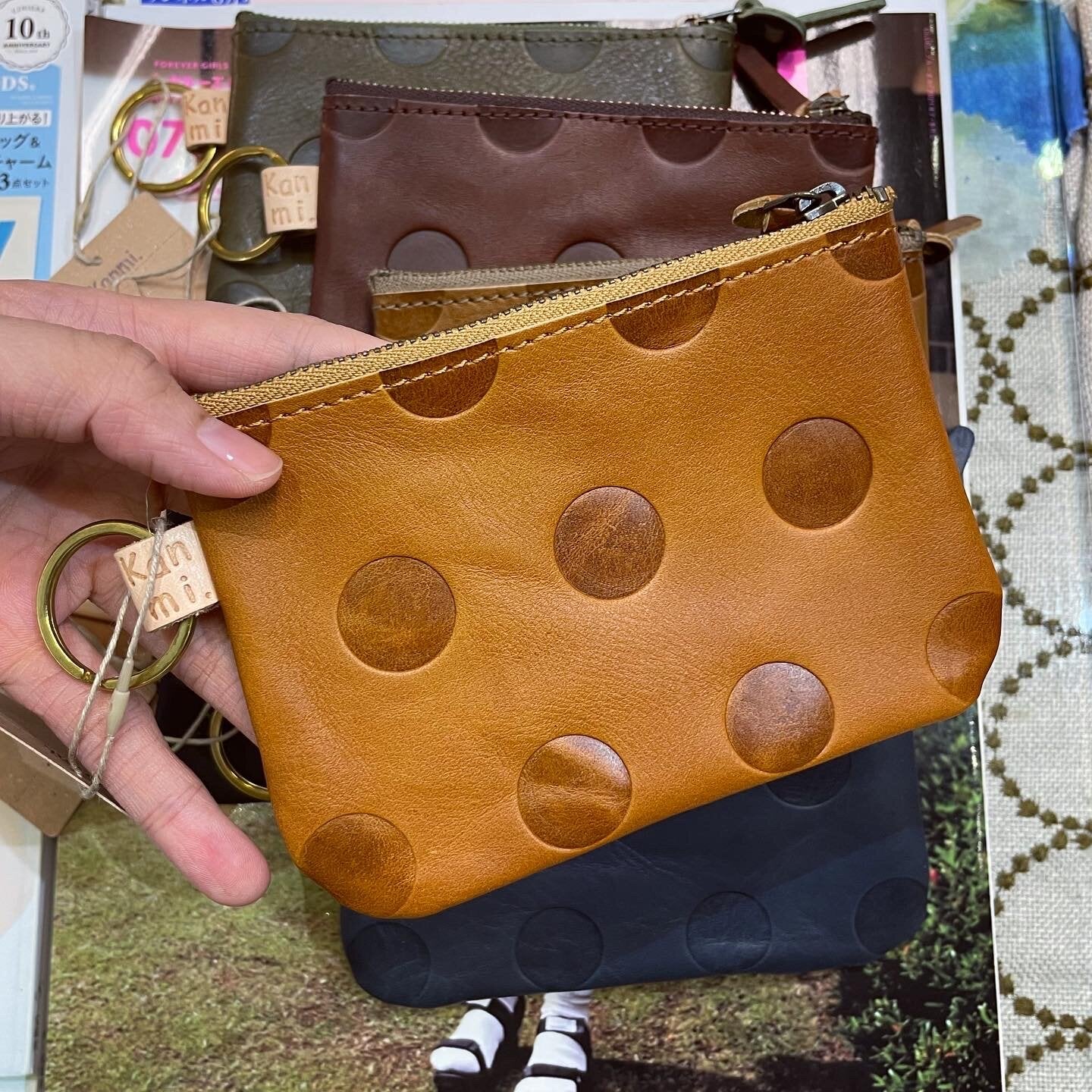 Kanmi Polka Leather Pouch, 6 Colors, made in Japan