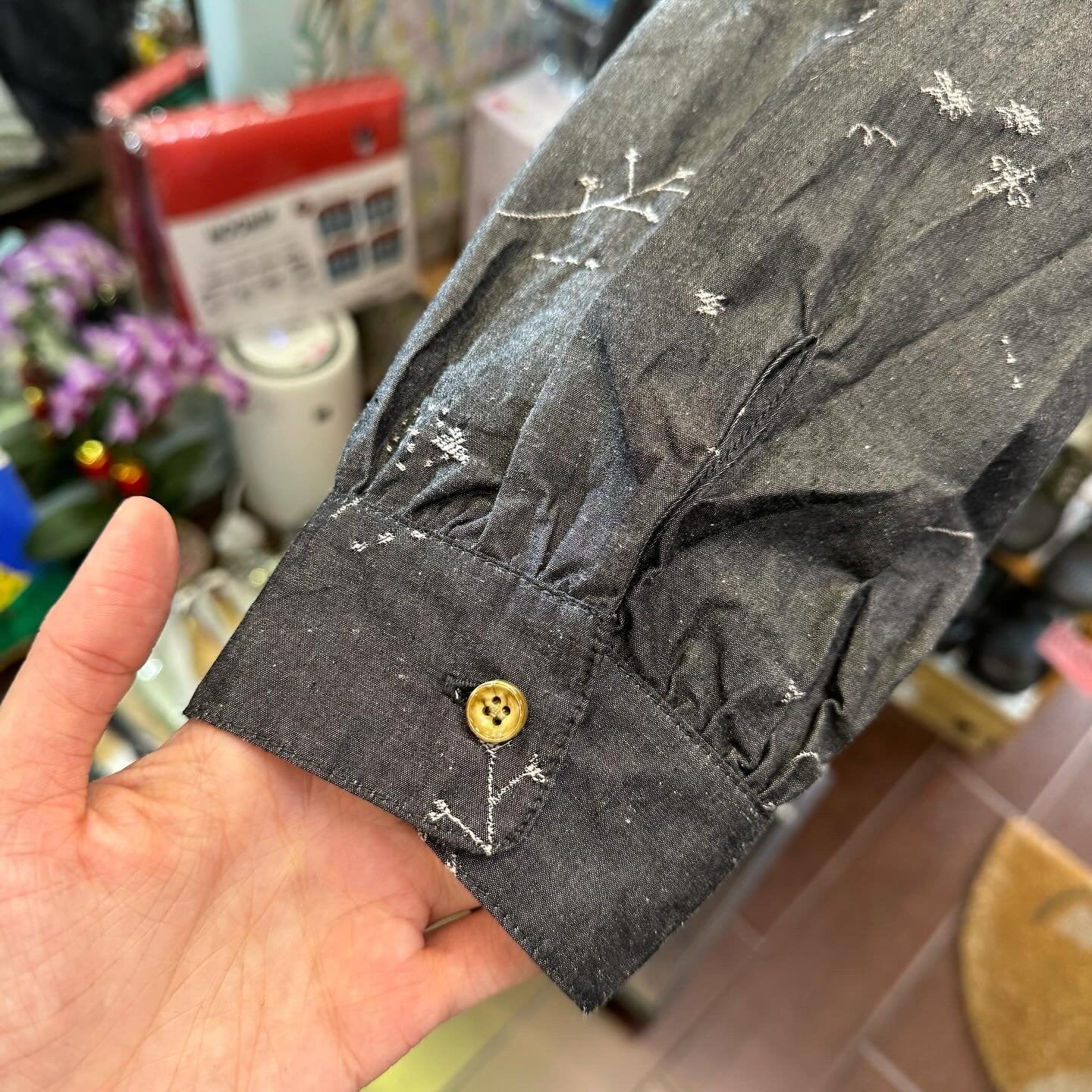 Sale- Tumugu Embroidery Charcoal Shirt, made in Japan