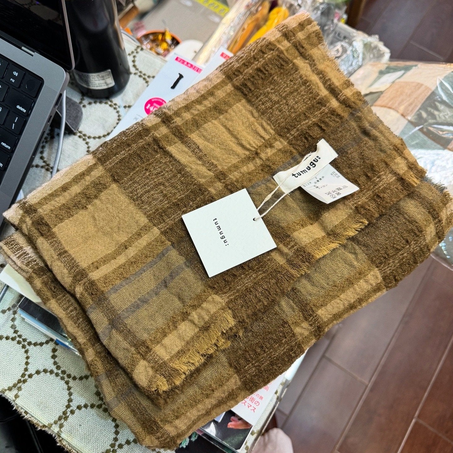 Tumugu Cotton Wool Beige Checked Stole, Scarf, made in Japan