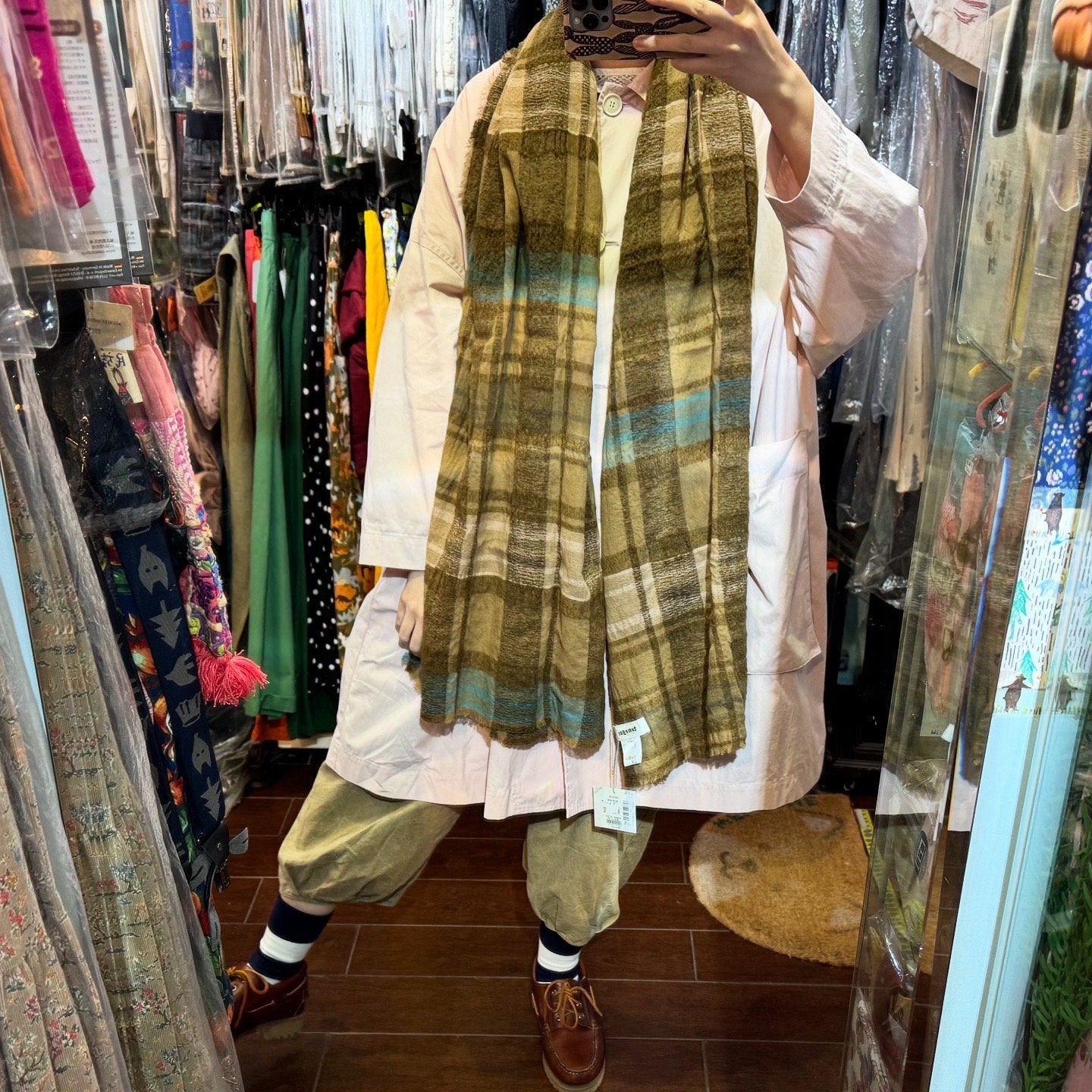Tumugu Cotton Wool Beige Checked Stole, Scarf, made in Japan