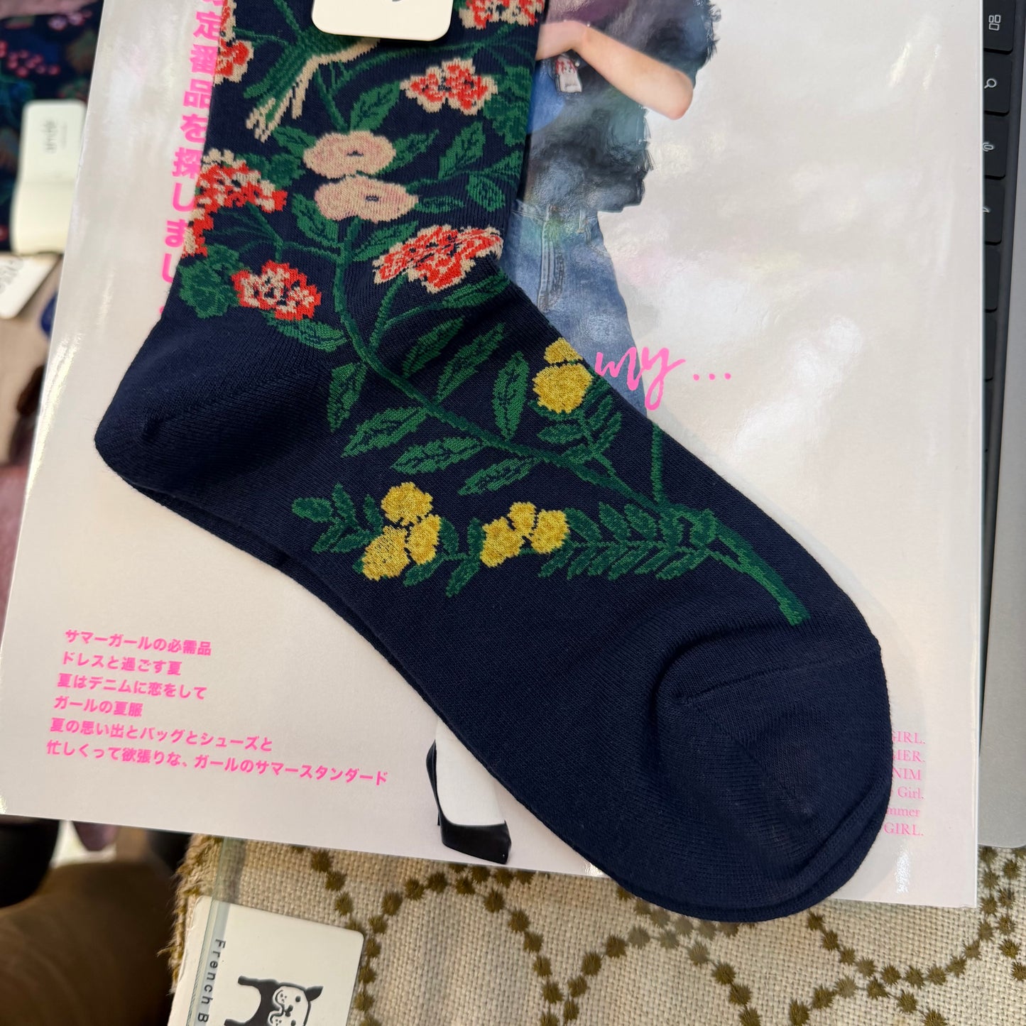 $99 only- Ande Floral and Bird Navy Socks, made in Japan