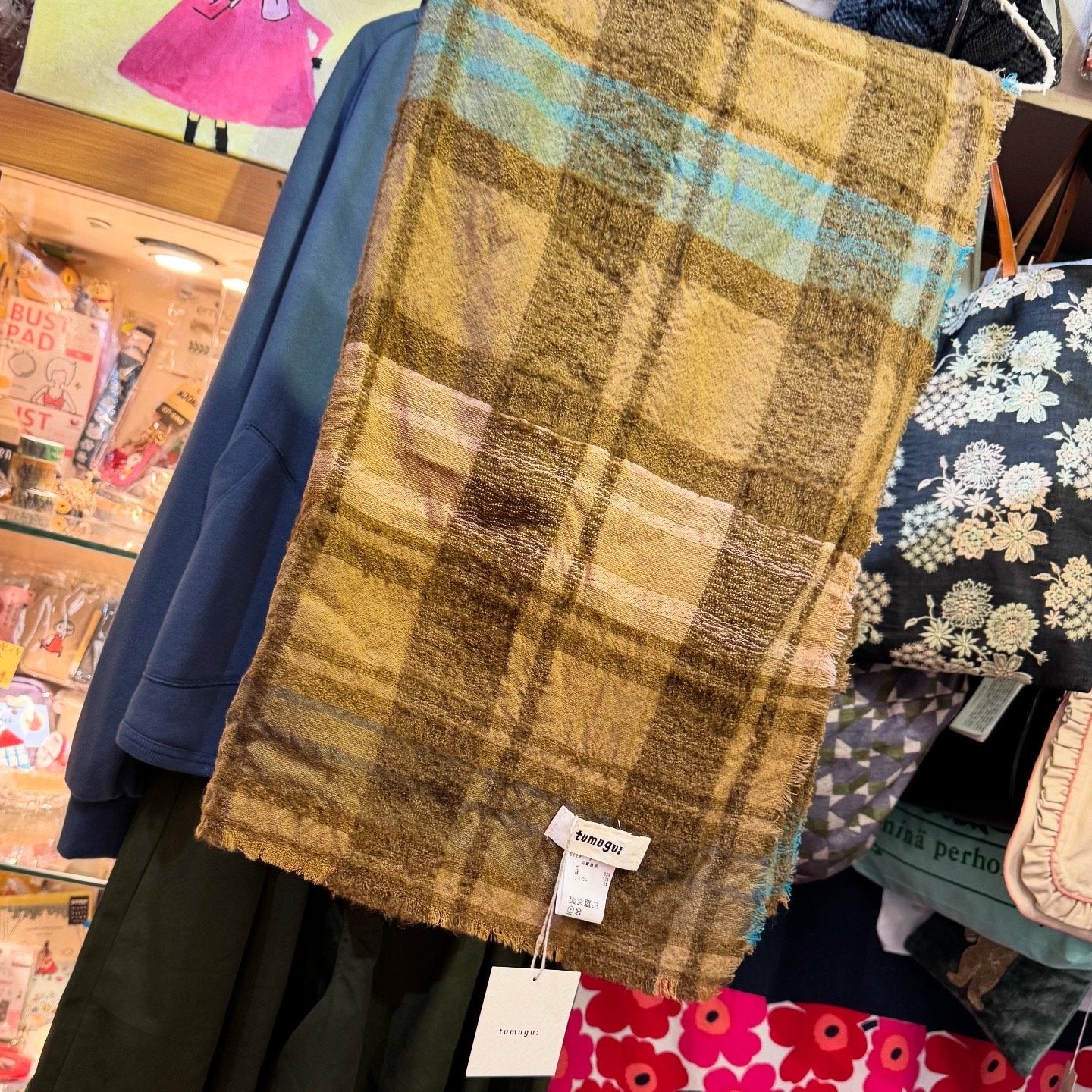 Tumugu Cotton Wool Beige Checked Stole, Scarf, made in Japan