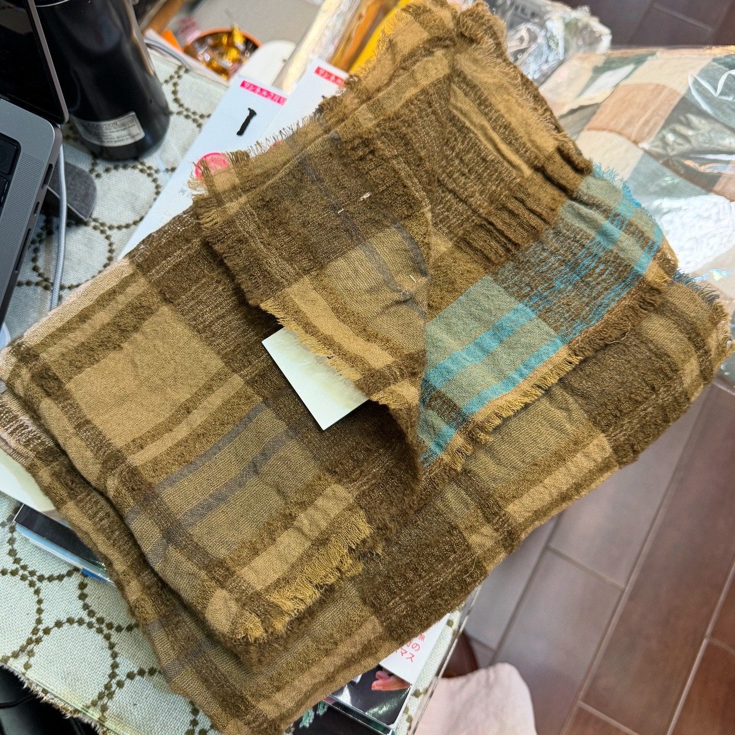 Tumugu Cotton Wool Beige Checked Stole, Scarf, made in Japan