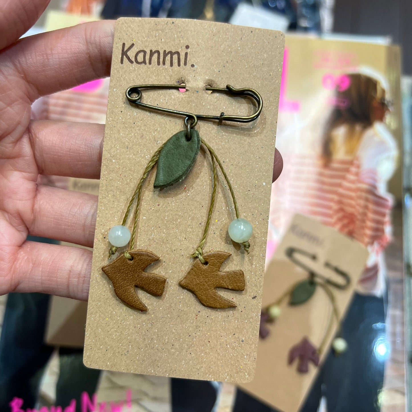 Kanmi Birds Leather Brooches, 3 Colors, made in Japan