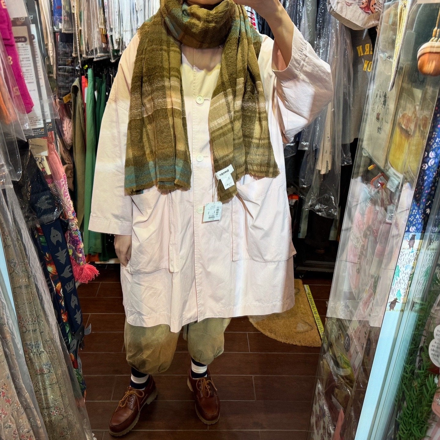 Tumugu Cotton Wool Beige Checked Stole, Scarf, made in Japan
