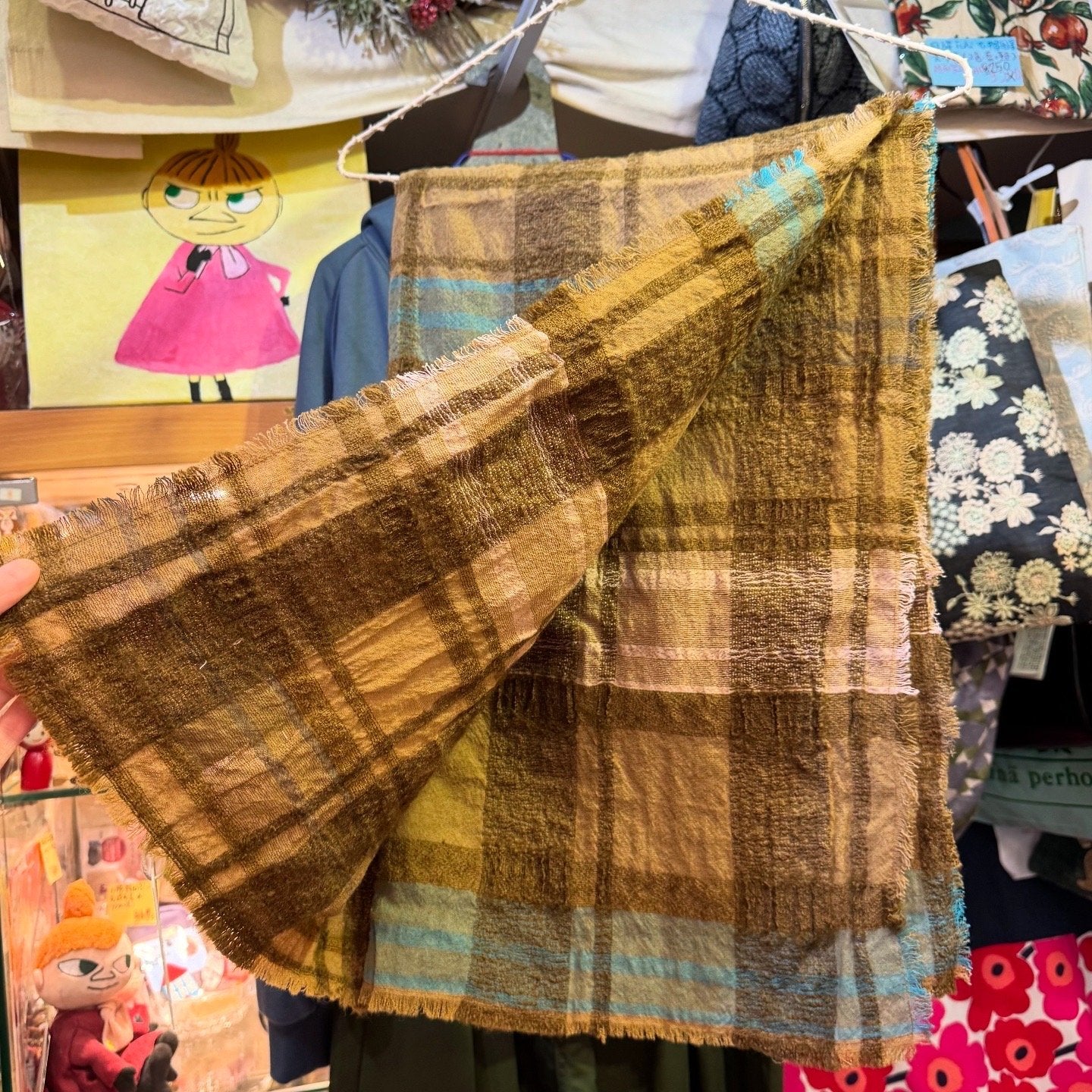 Tumugu Cotton Wool Beige Checked Stole, Scarf, made in Japan