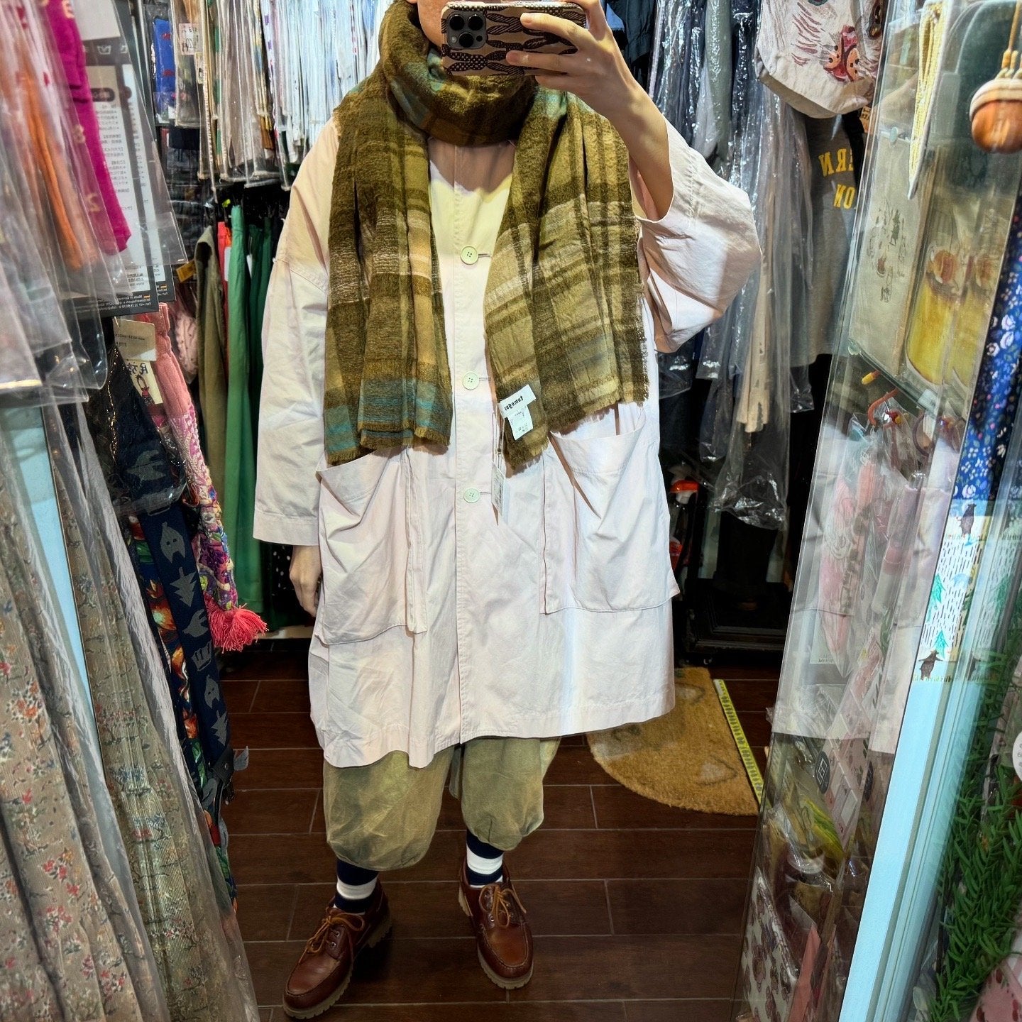 Tumugu Cotton Wool Beige Checked Stole, Scarf, made in Japan