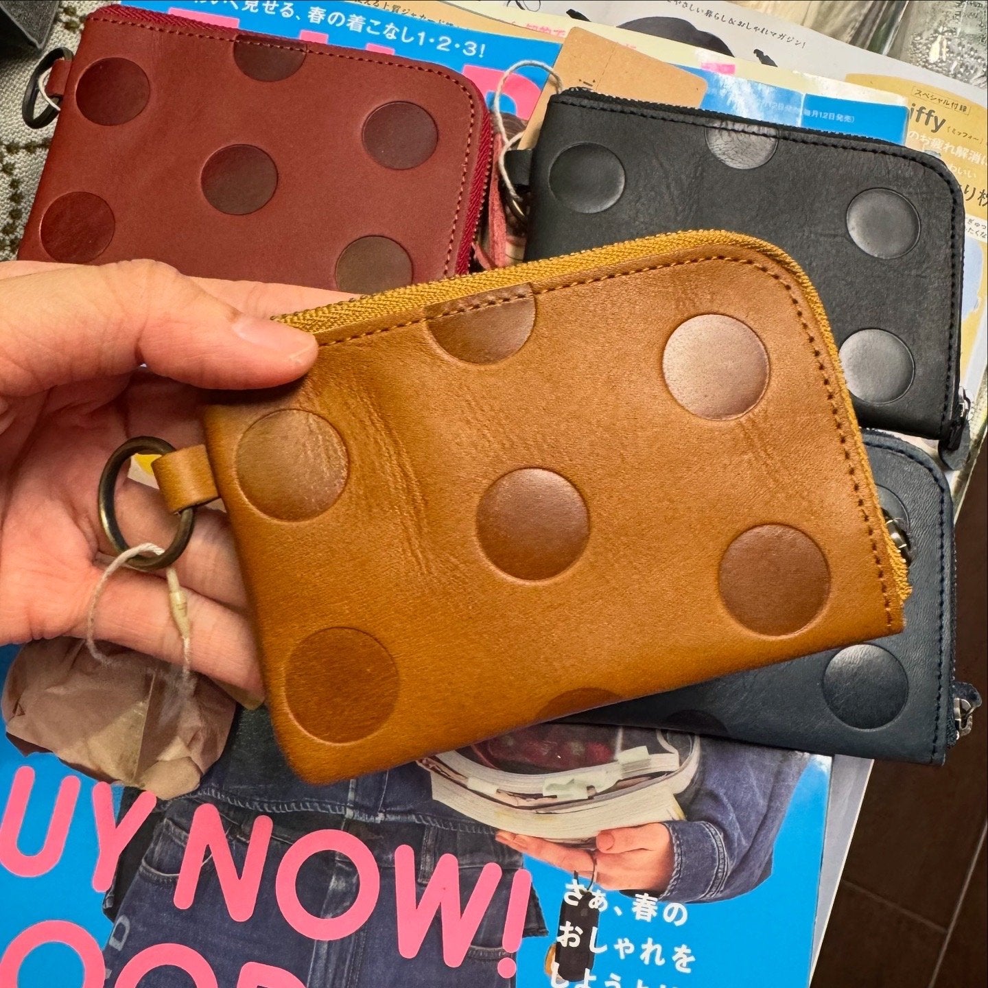 Kanmi Polka Leather Pouch, 4 Colors, made in Japan