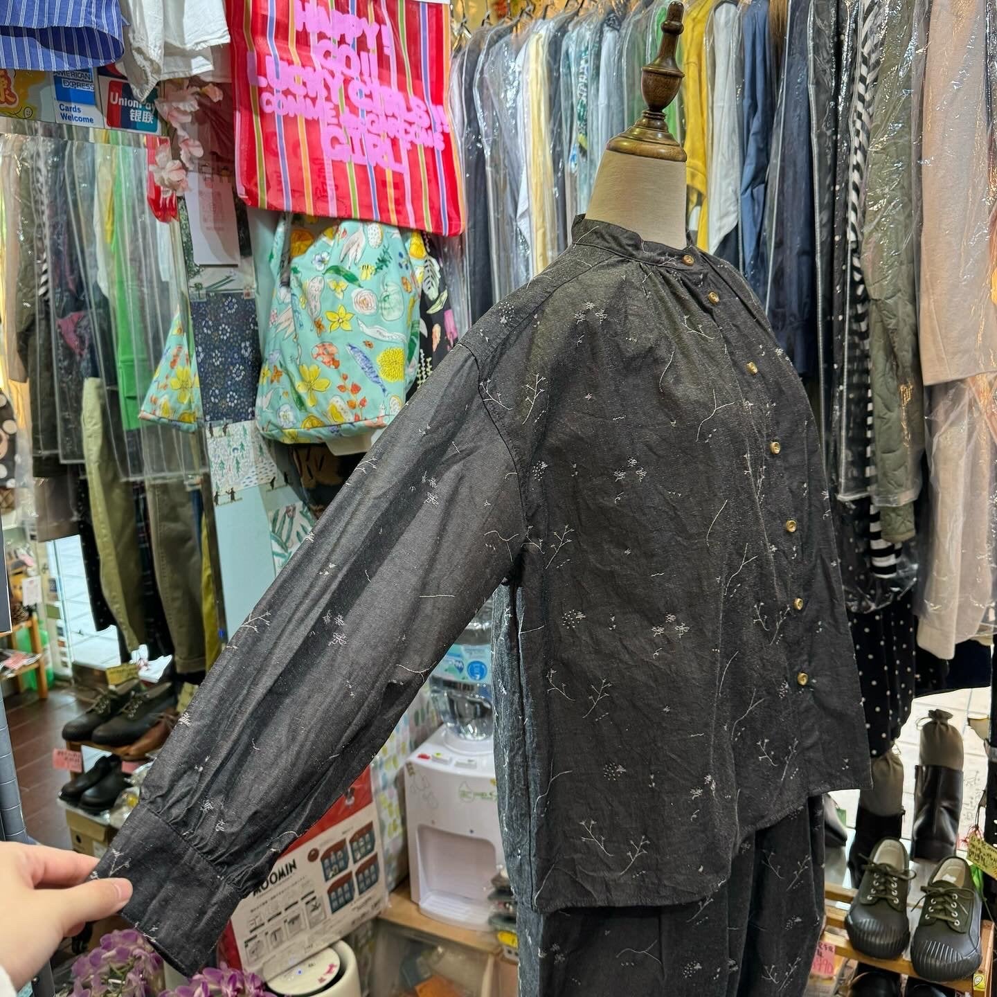 Sale- Tumugu Embroidery Charcoal Shirt, made in Japan