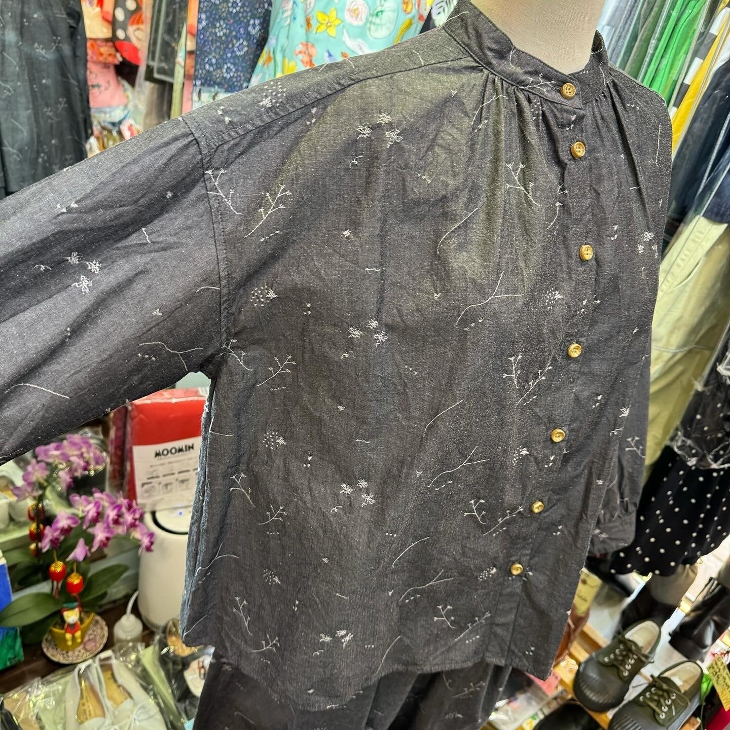 Sale- Tumugu Embroidery Charcoal Shirt, made in Japan