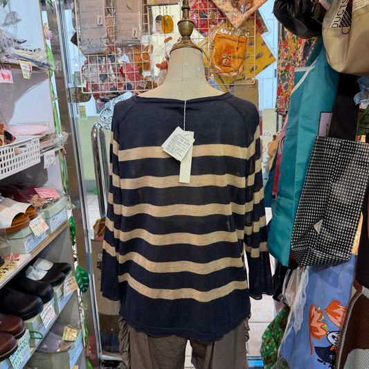 Ichi Blue X Pink Striped Linen-blend Pullover Blouse