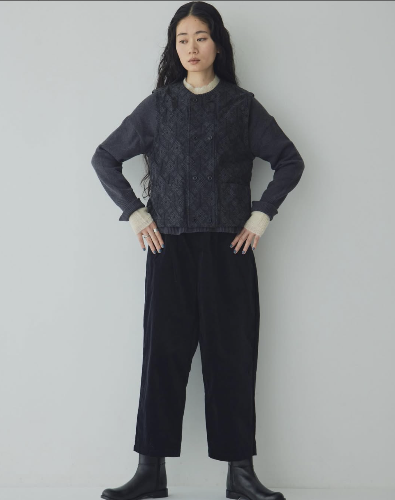 Laiterie Black Print Denim Vest Top, made in Japan