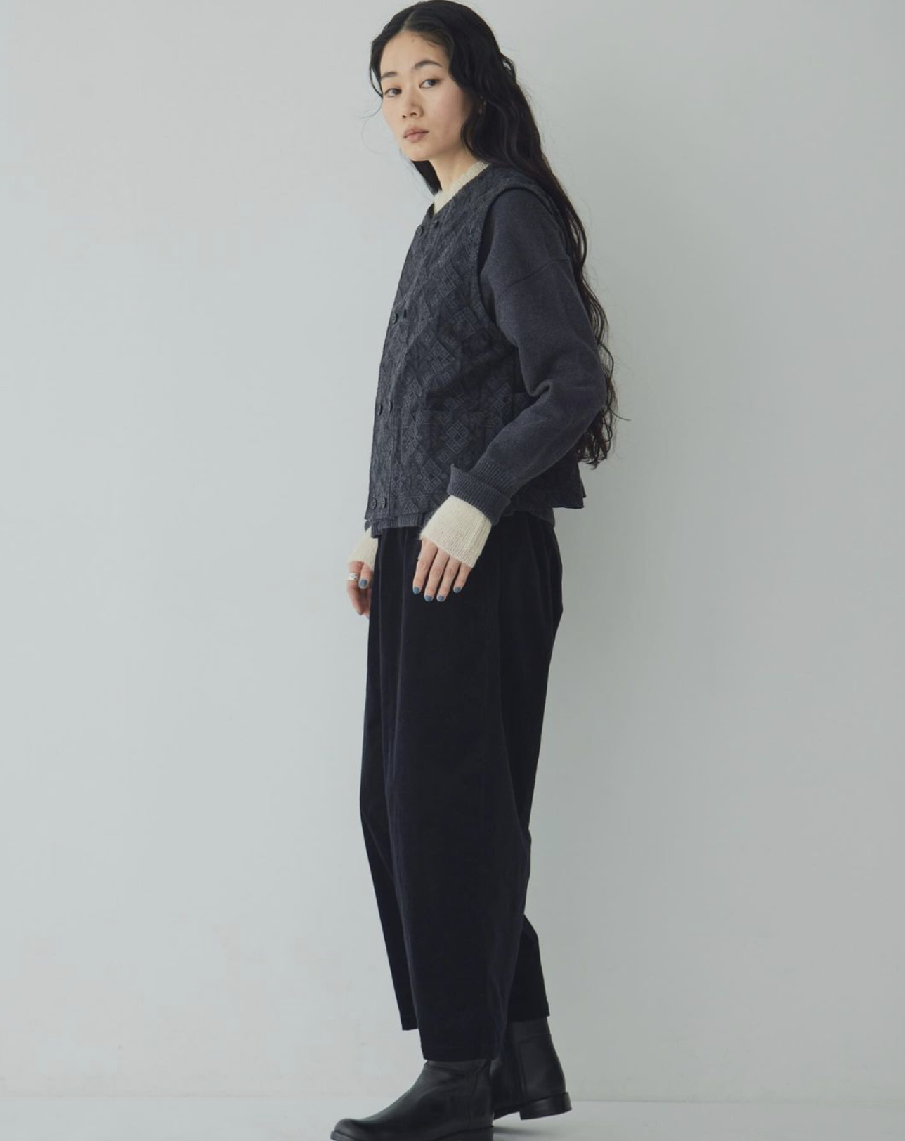 Laiterie Black Print Denim Vest Top, made in Japan