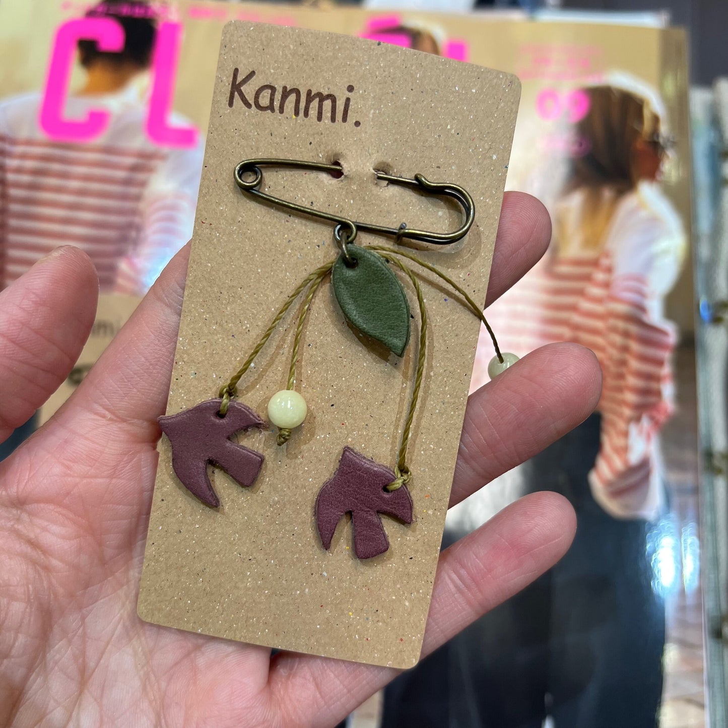 Kanmi Birds Leather Brooches, 3 Colors, made in Japan