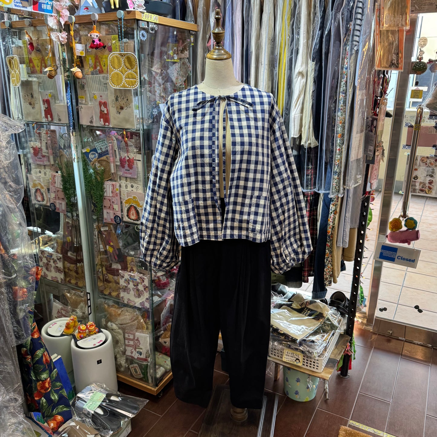 Gauze Checked 2Way Blouse Top,made in Japan