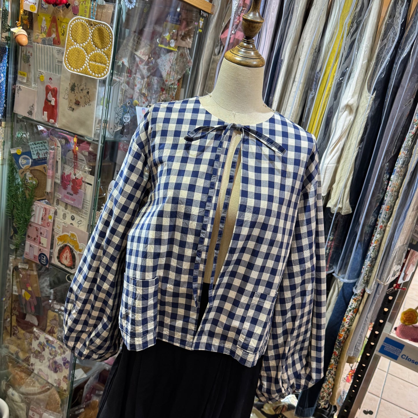Gauze Checked 2Way Blouse Top,made in Japan