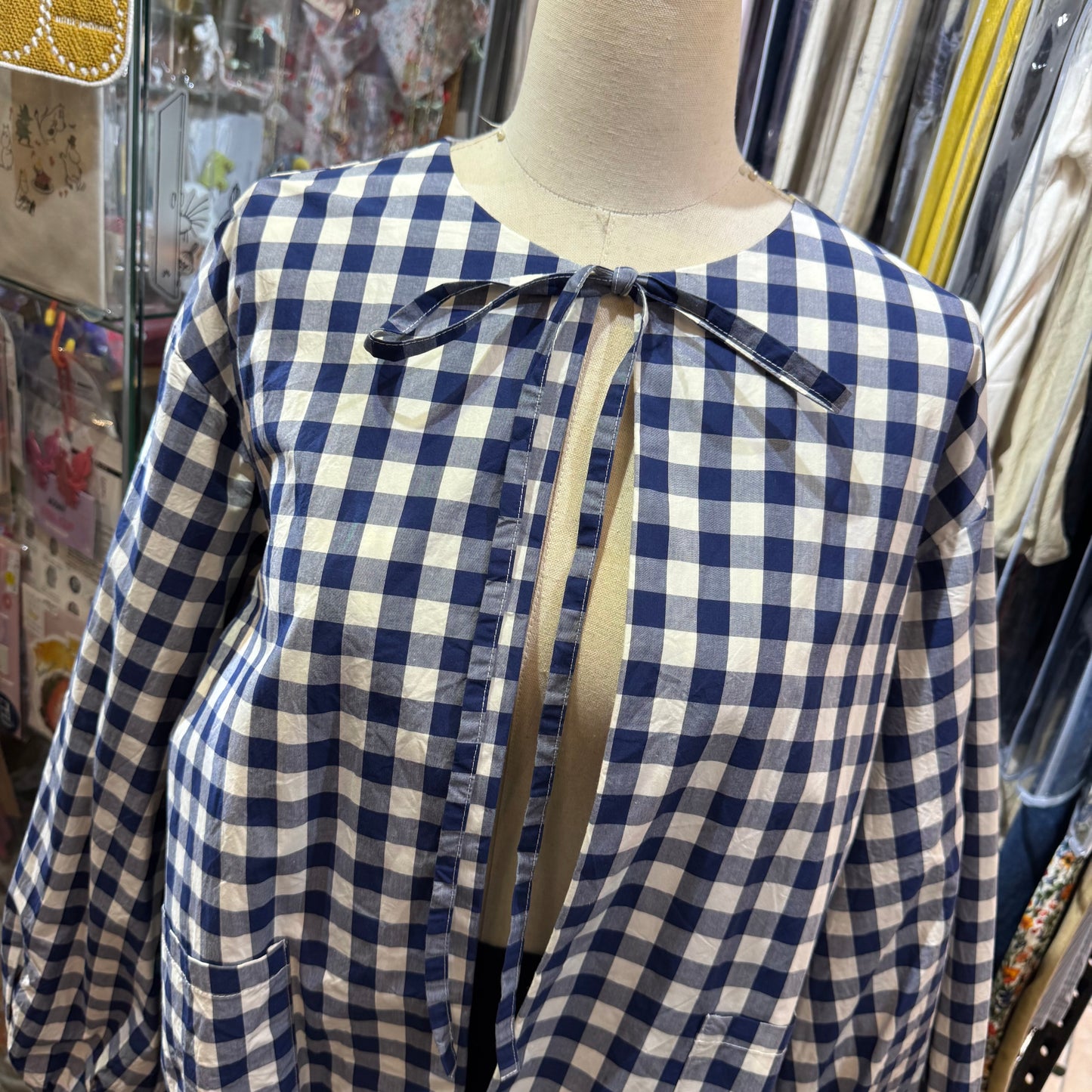 Gauze Checked 2Way Blouse Top,made in Japan