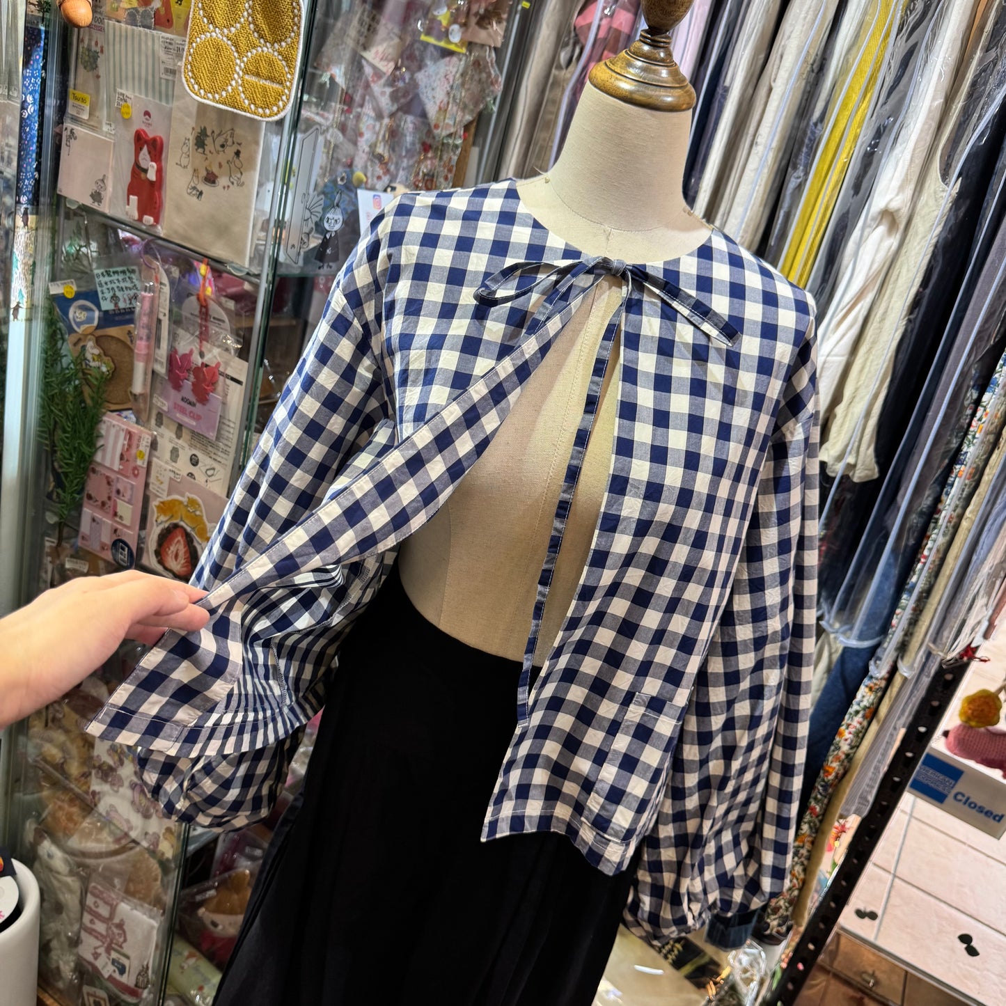 Gauze Checked 2Way Blouse Top,made in Japan