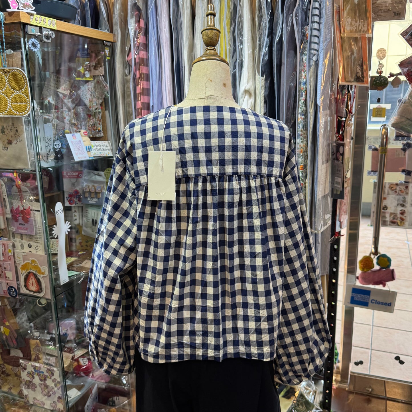 Gauze Checked 2Way Blouse Top,made in Japan