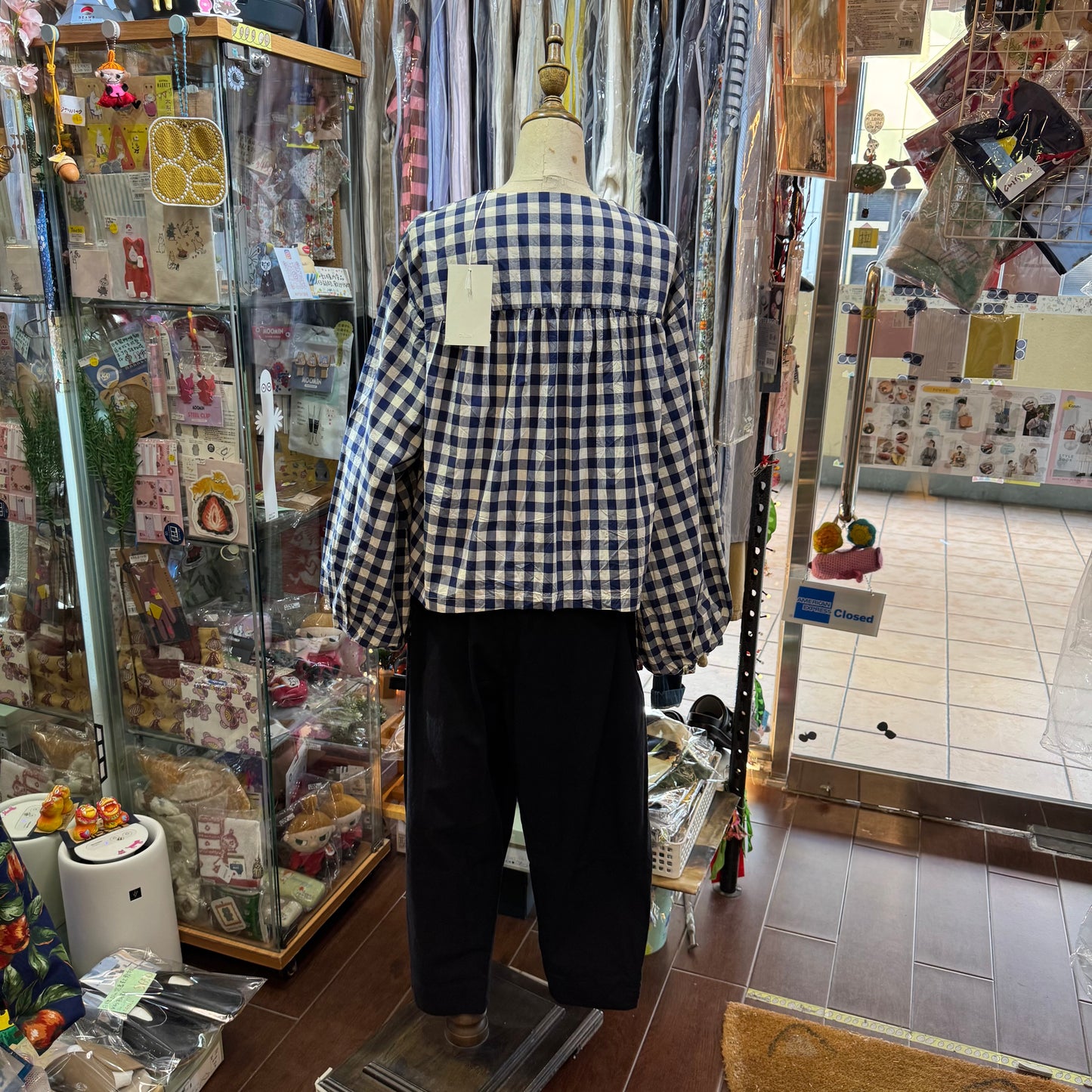 Gauze Checked 2Way Blouse Top,made in Japan