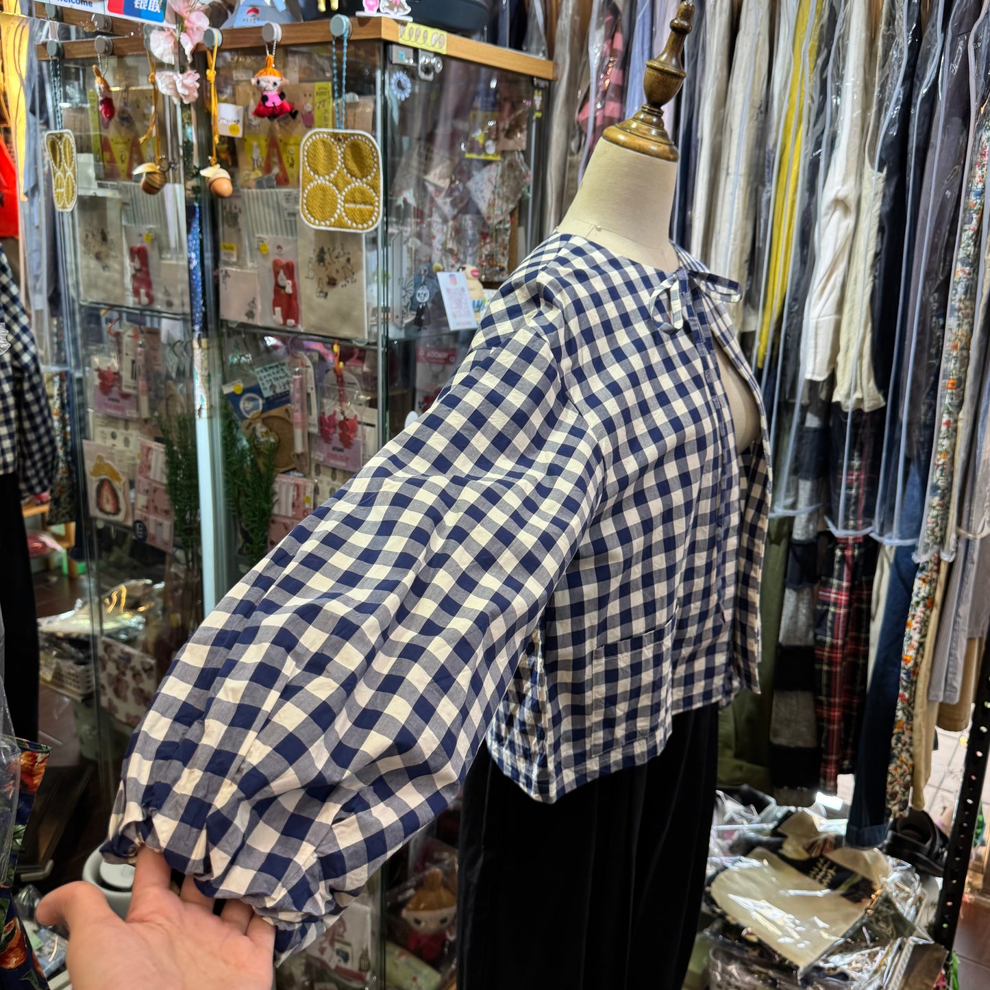 Gauze Checked 2Way Blouse Top,made in Japan