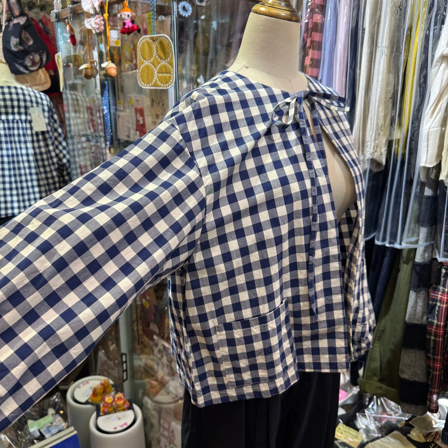 Gauze Checked 2Way Blouse Top,made in Japan