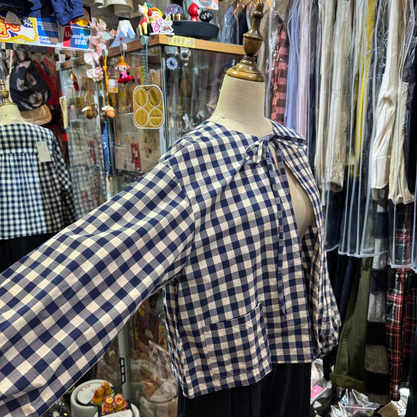 Gauze Checked 2Way Blouse Top,made in Japan