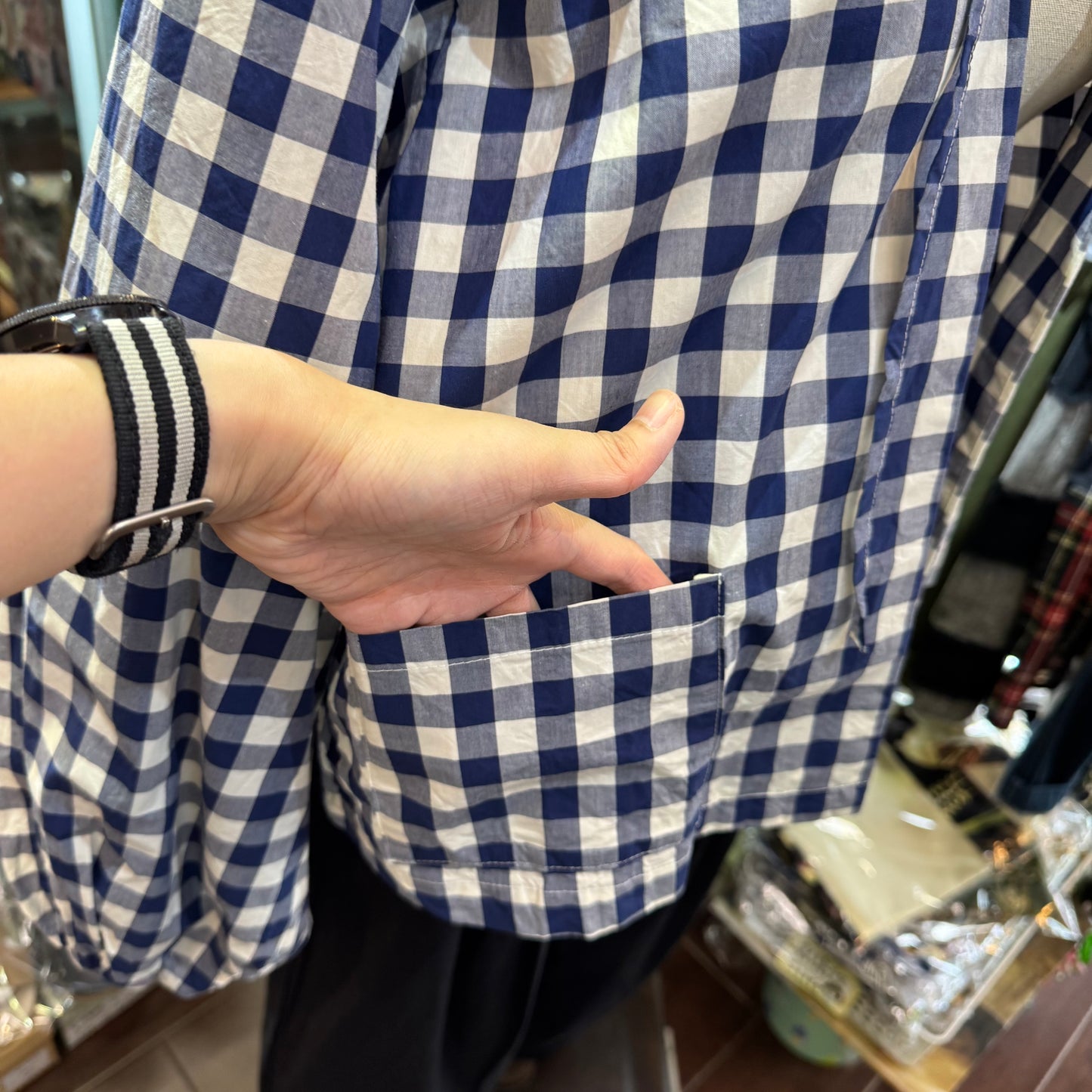 Gauze Checked 2Way Blouse Top,made in Japan