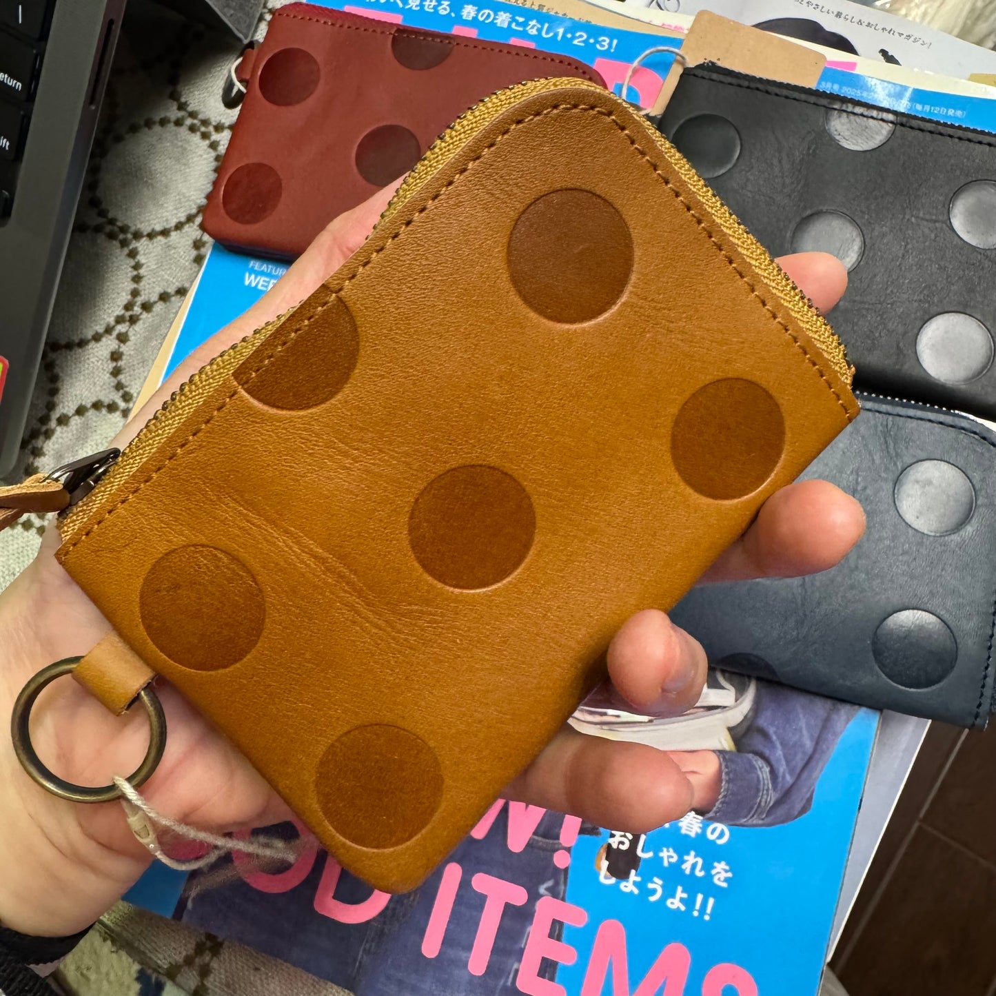 Kanmi Polka Leather Pouch, 4 Colors, made in Japan