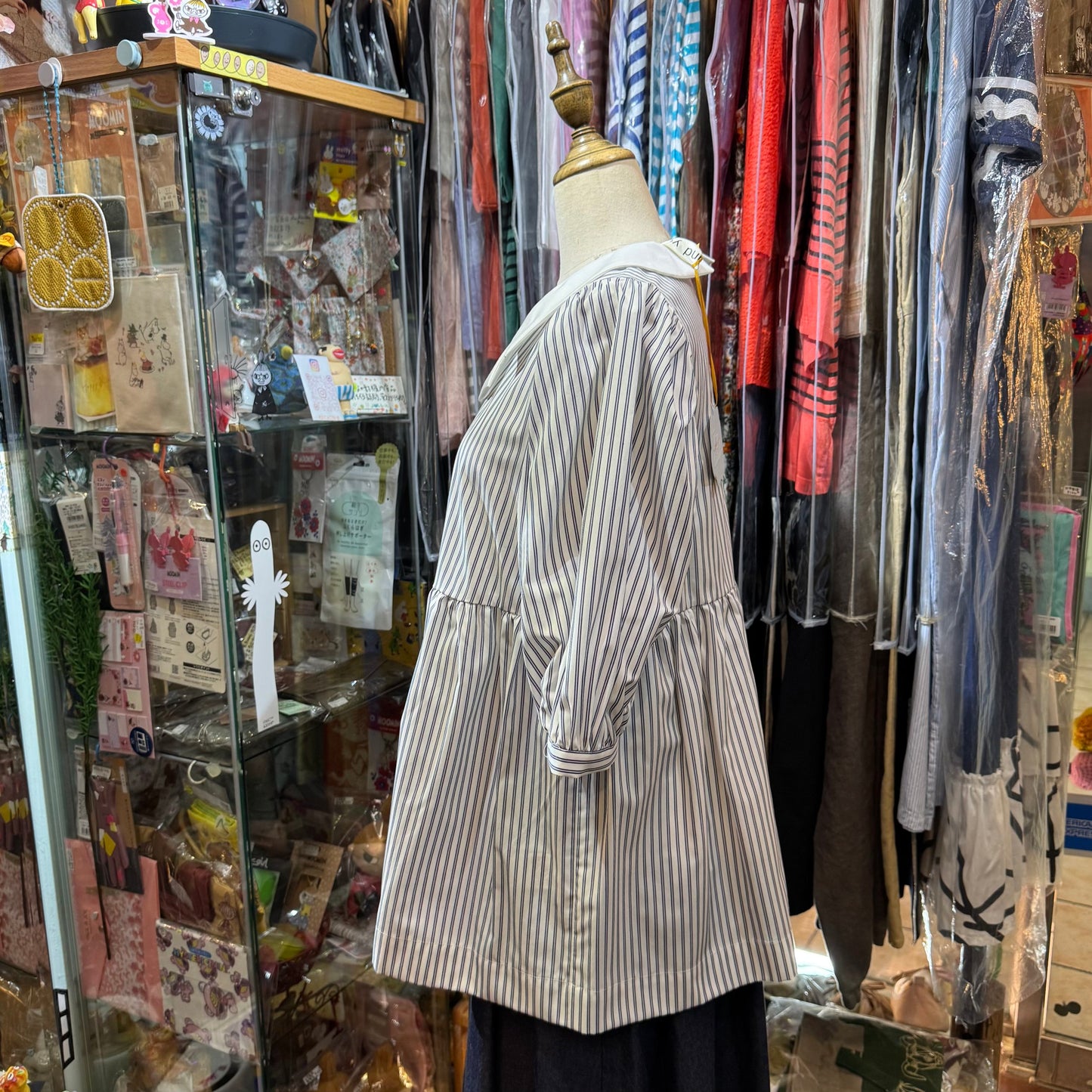 Drowse and yet... Ribbon Collar Striped White Top, made in Japan