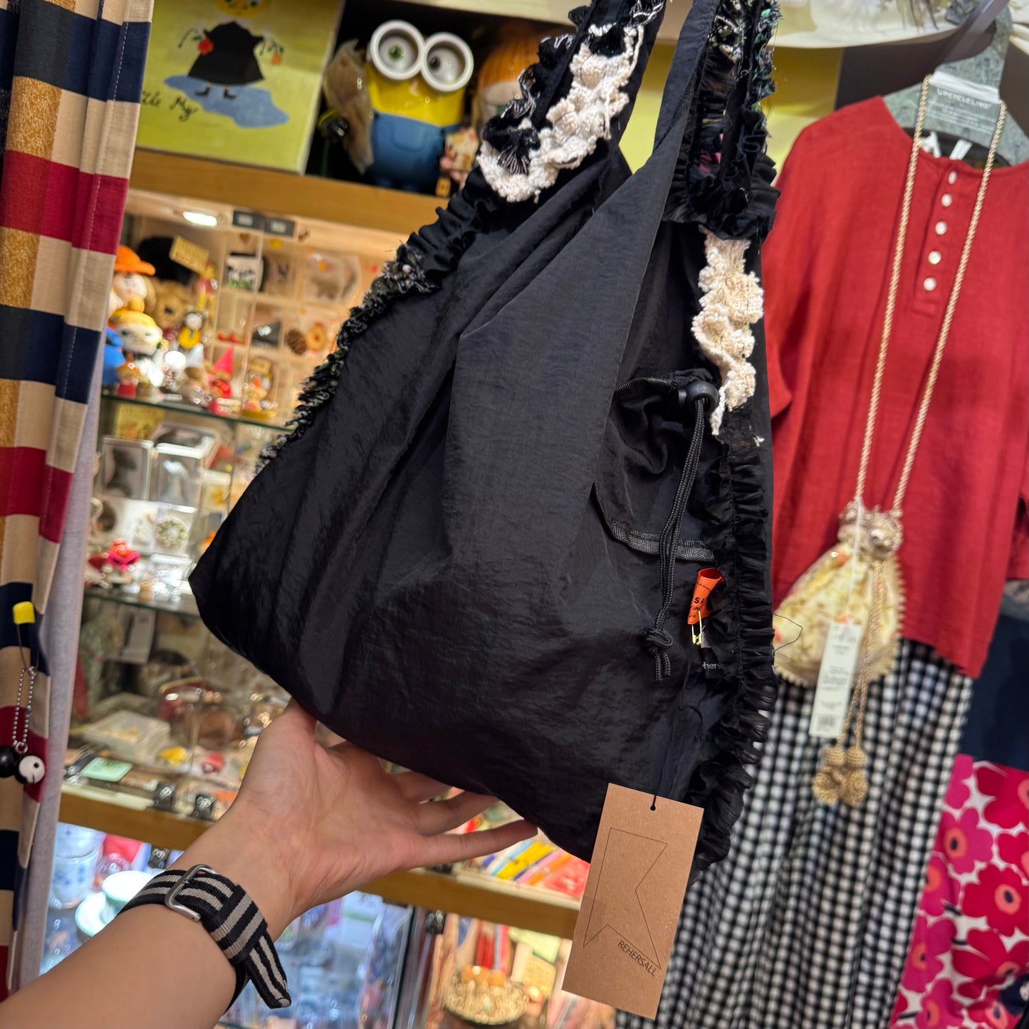 Rehersall Black Frill Nylon Bag, made in Japan