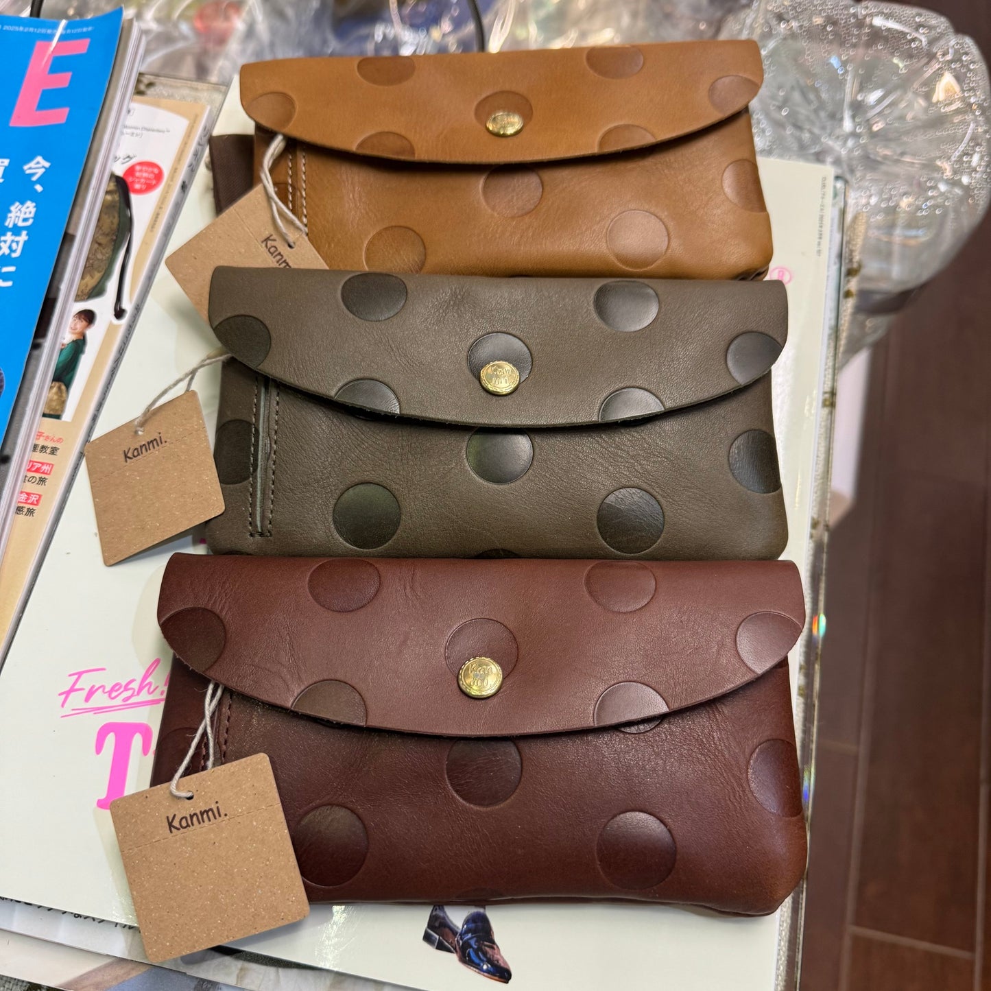 Kanmi Polka Leather Long Wallet, 3 Colors, made in Japan