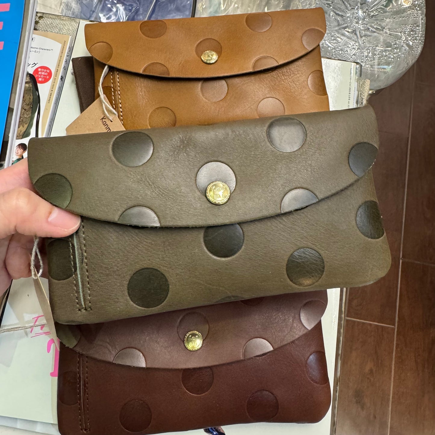 Kanmi Polka Leather Long Wallet, 3 Colors, made in Japan
