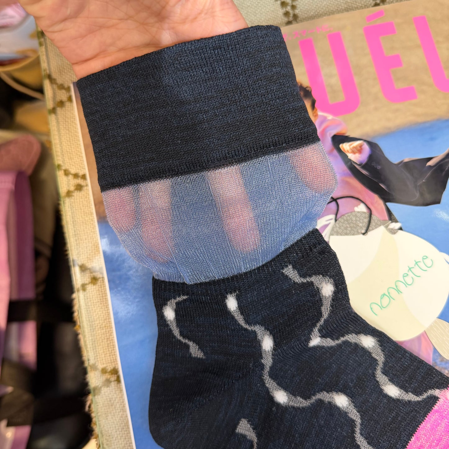 Nonnette Japanese Paper Wave Line Socks, made in Japan, #NS407Y-87