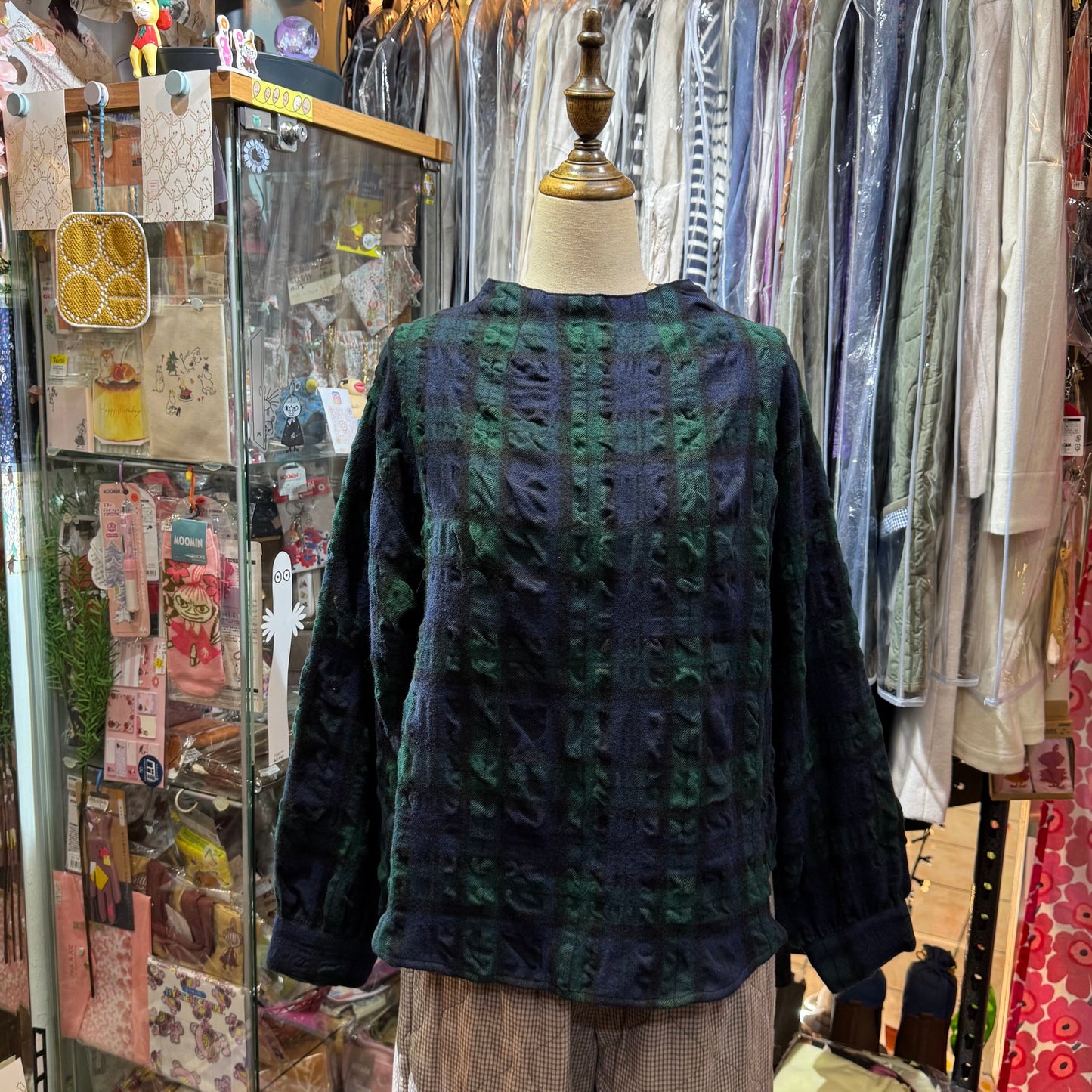 EXTRA20- Nachukara Green Checked Wool Top, made in Japan