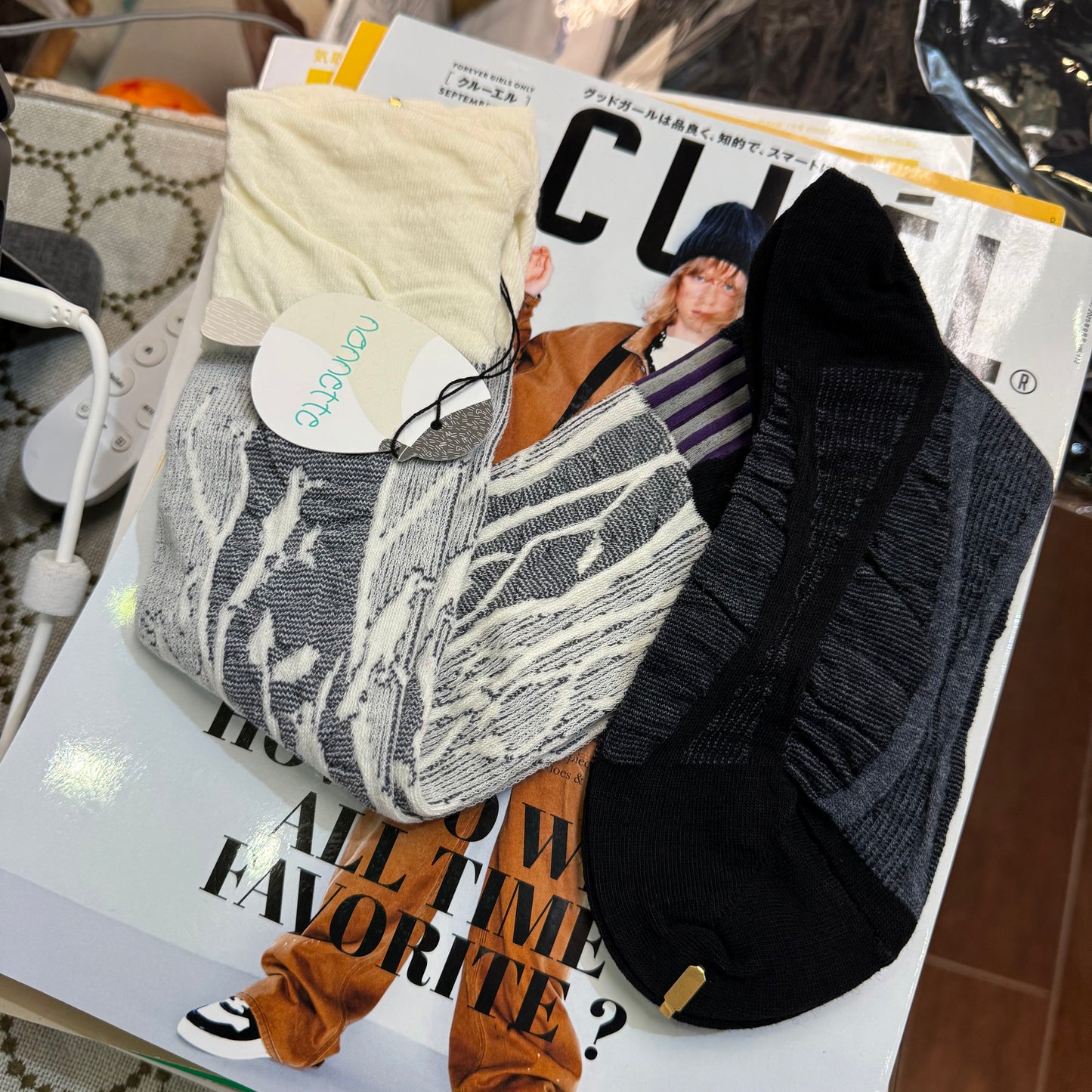 Nonnette Tree Trunk and Bird Wool LongHigh Socks , 2 Colors, made in Japan