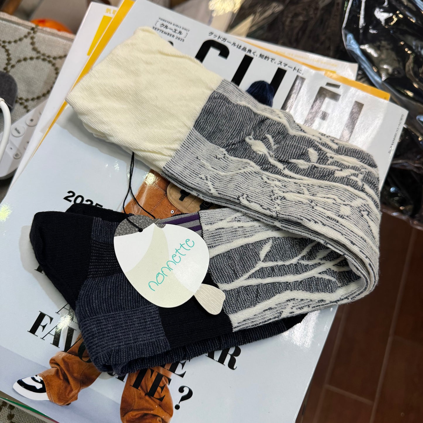 Nonnette Tree Trunk and Bird Wool LongHigh Socks , 2 Colors, made in Japan