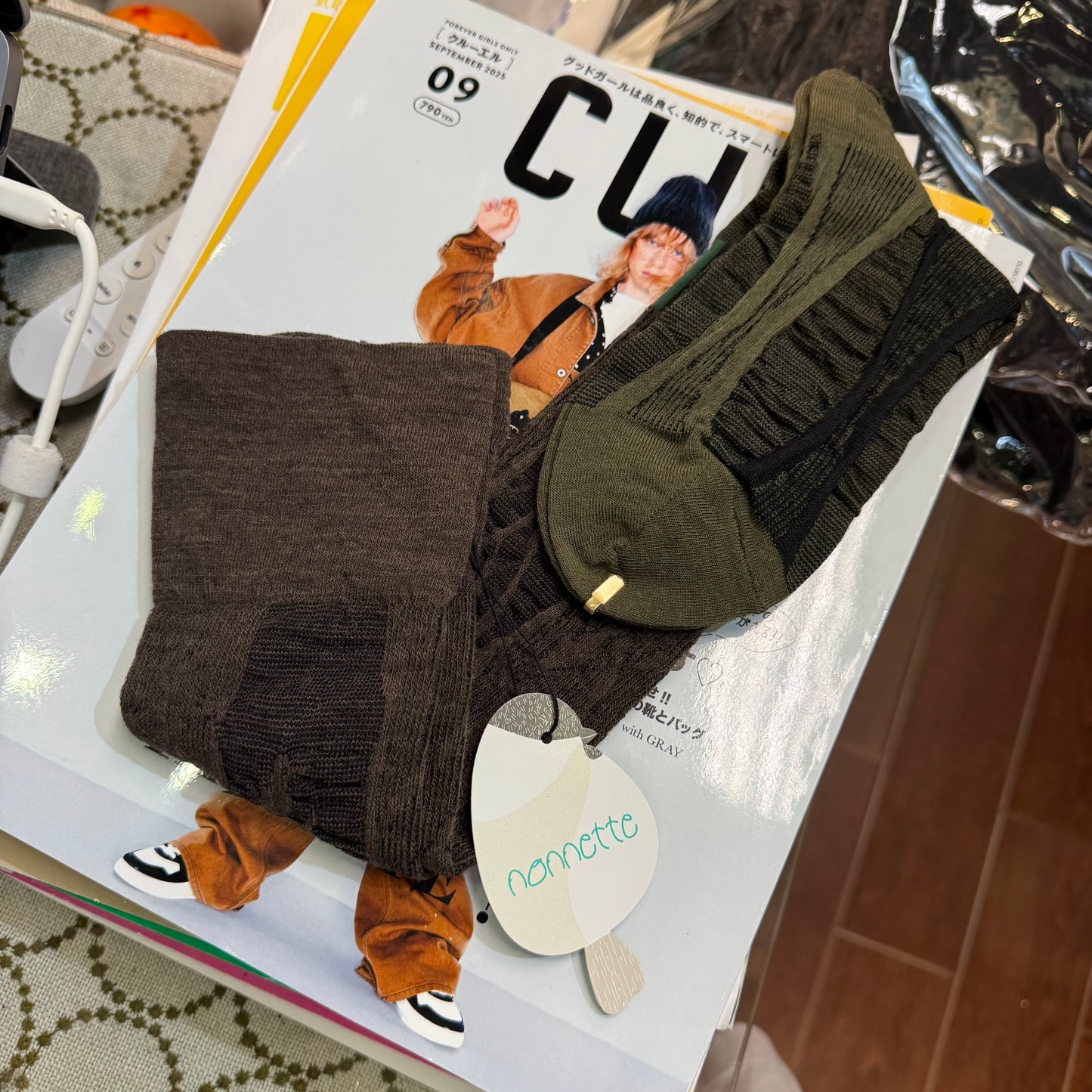 Nonnette Tree Trunk and Bird Wool LongHigh Socks , 2 Colors, made in Japan