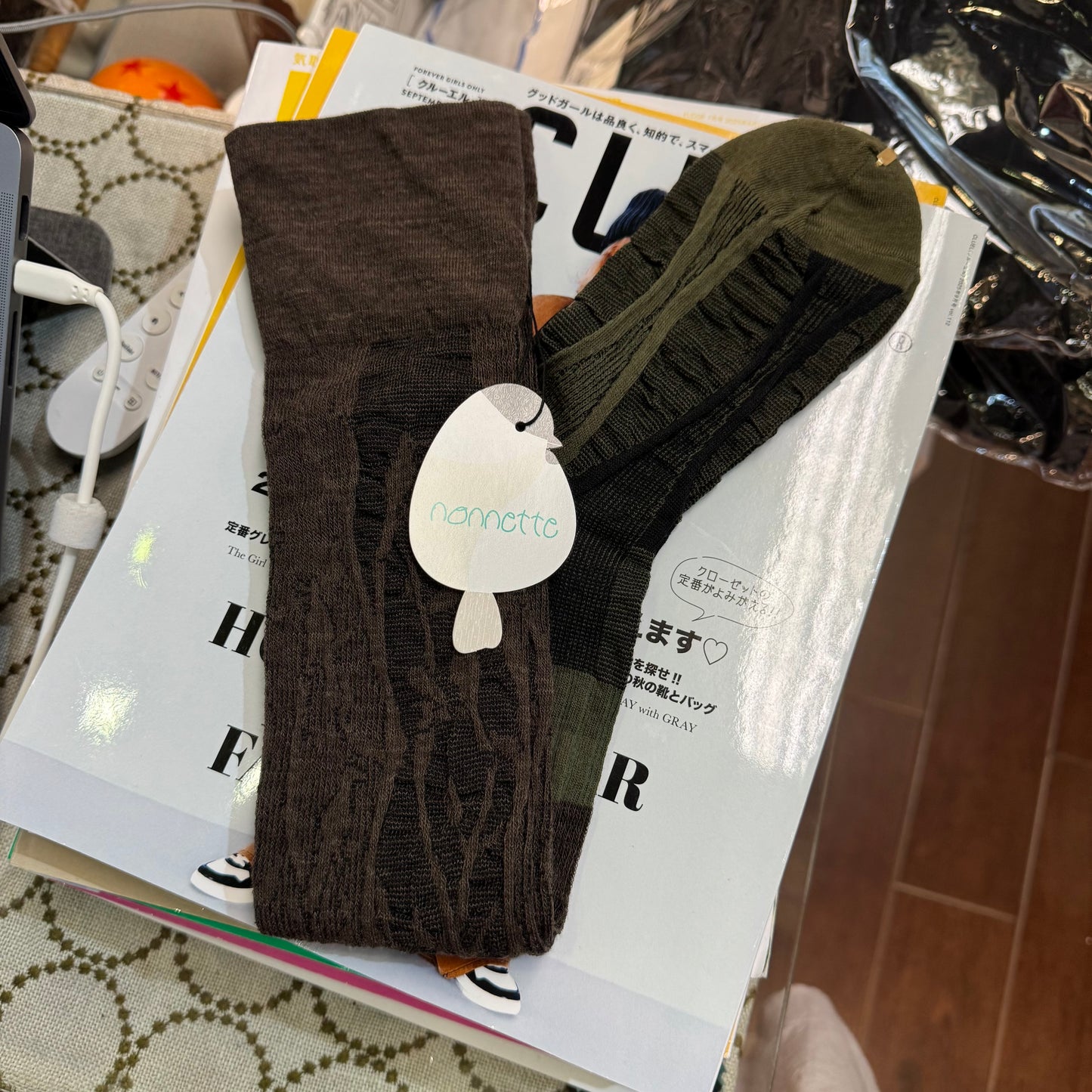Nonnette Tree Trunk and Bird Wool LongHigh Socks , 2 Colors, made in Japan
