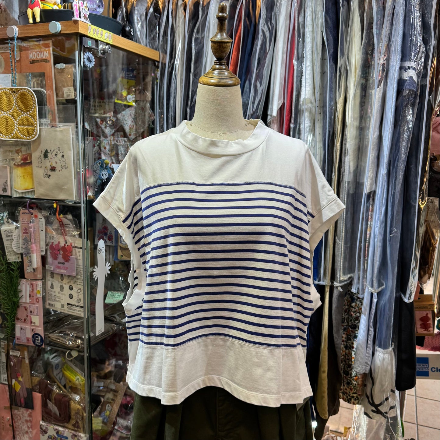 Estroislose White X Blue Striped Top, made in Japan