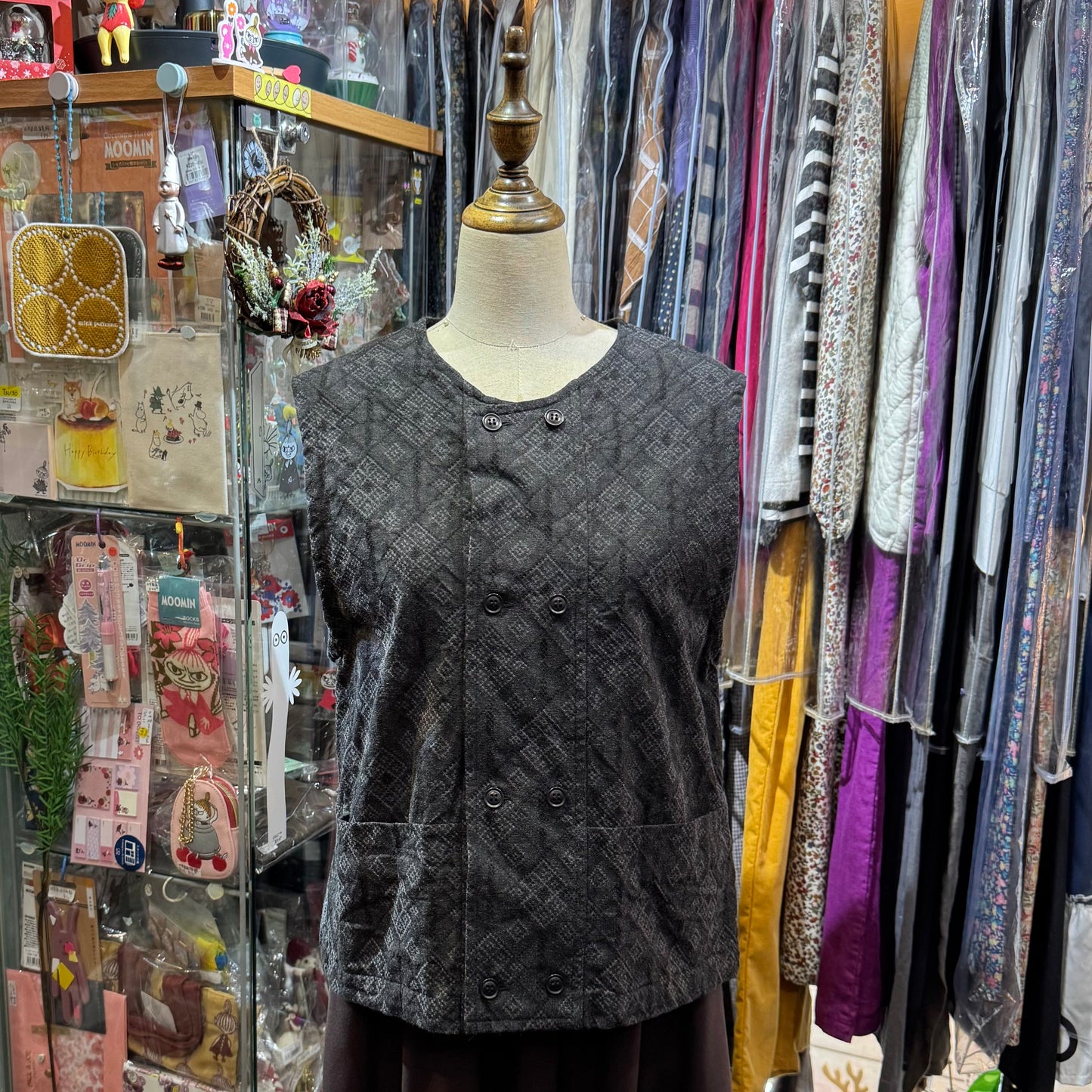 Laiterie Black Print Denim Vest Top, made in Japan