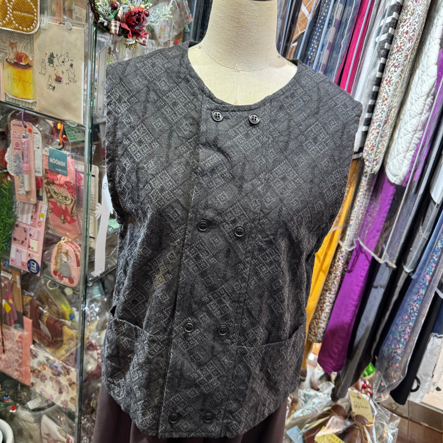 Laiterie Black Print Denim Vest Top, made in Japan