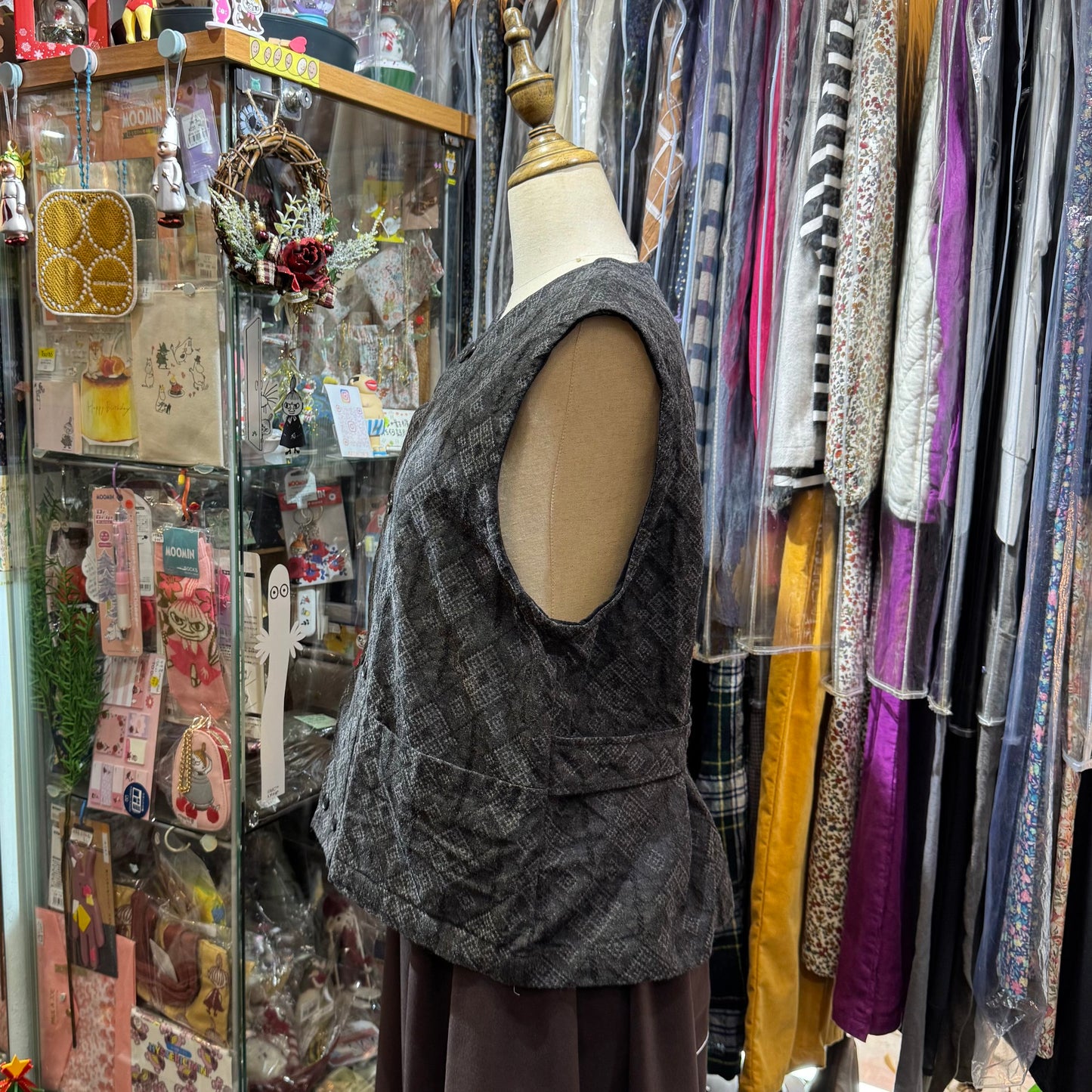 Laiterie Black Print Denim Vest Top, made in Japan