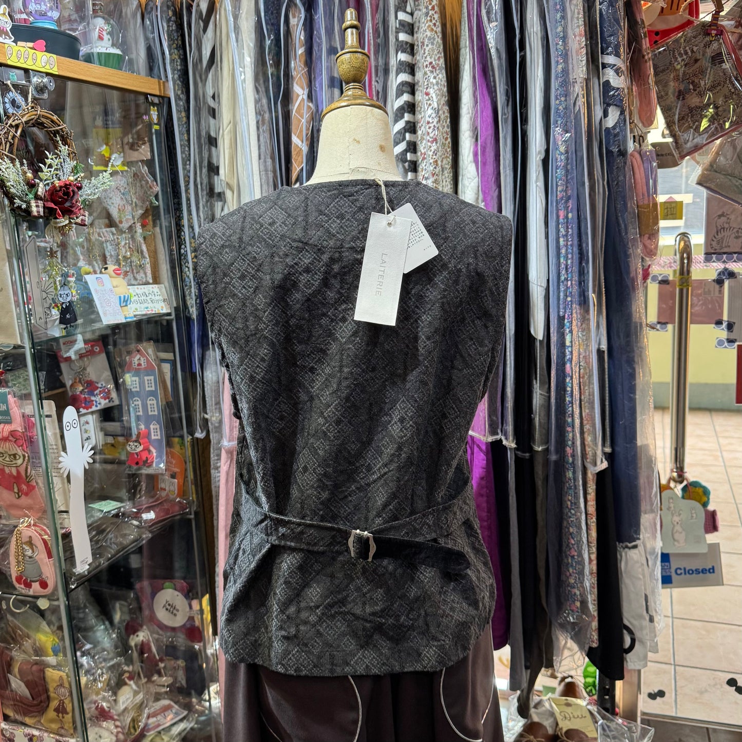 Laiterie Black Print Denim Vest Top, made in Japan
