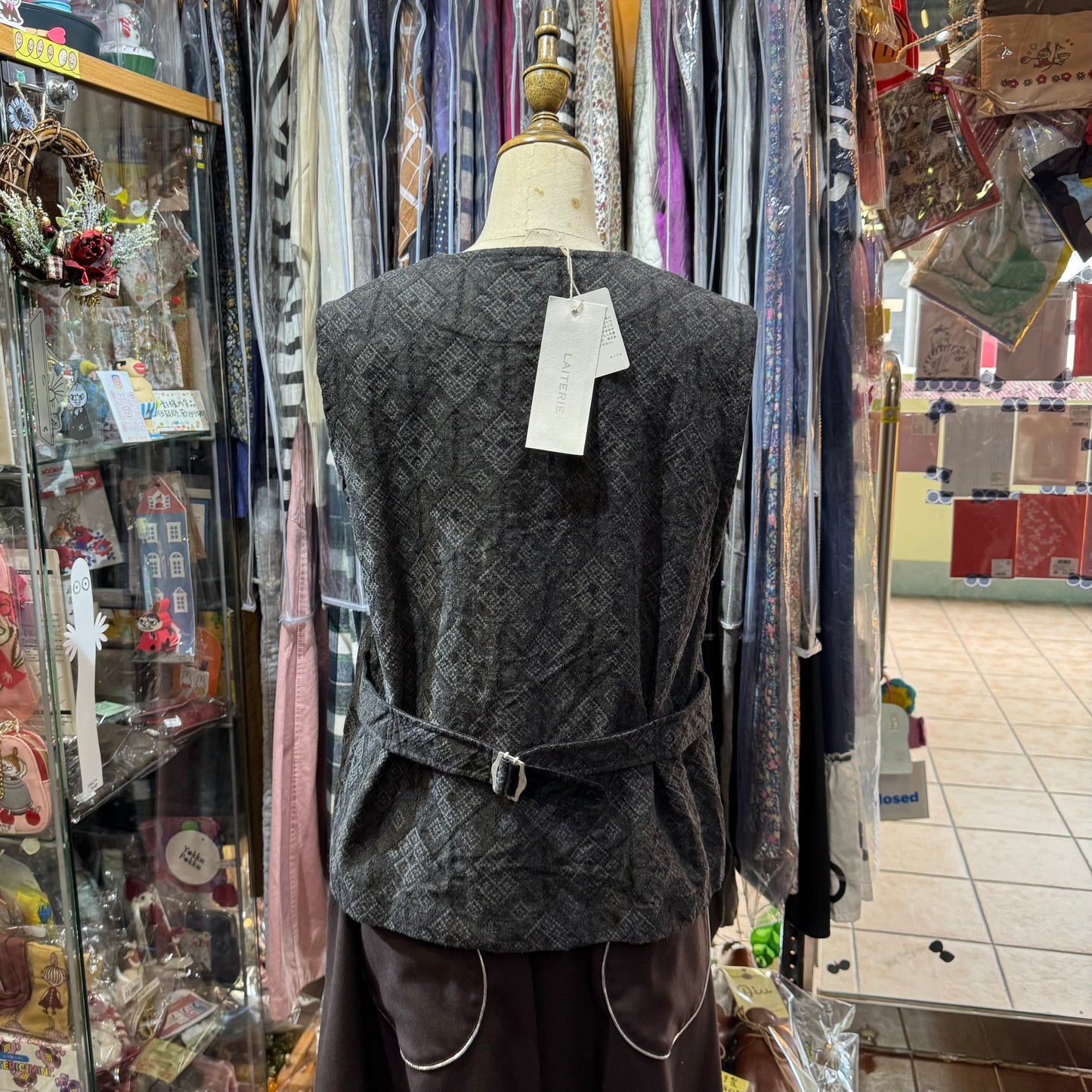 Laiterie Black Print Denim Vest Top, made in Japan