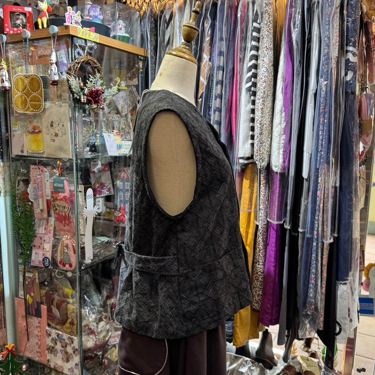 Laiterie Black Print Denim Vest Top, made in Japan