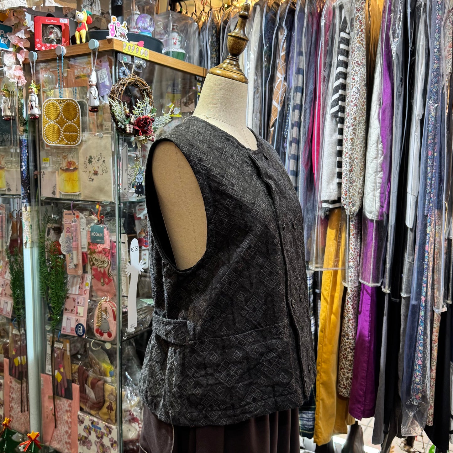 Laiterie Black Print Denim Vest Top, made in Japan