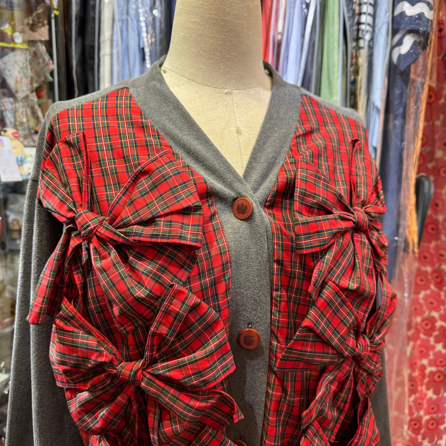 Drowse and Yet… Checked Ribbon Charcoal Cardigan, made in Japan