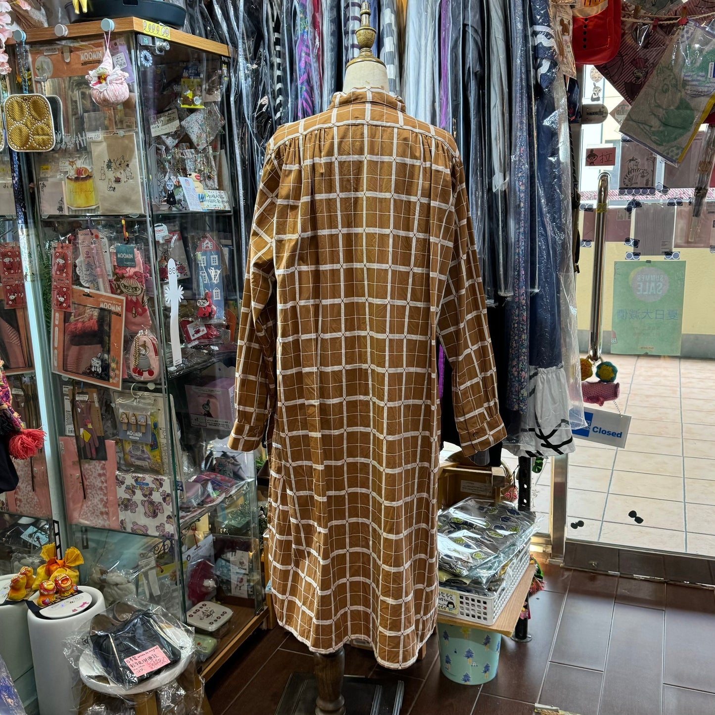 EXTRA20- ICHI Antiquites Beige Checked Long Shirt, Dress, made in Japan