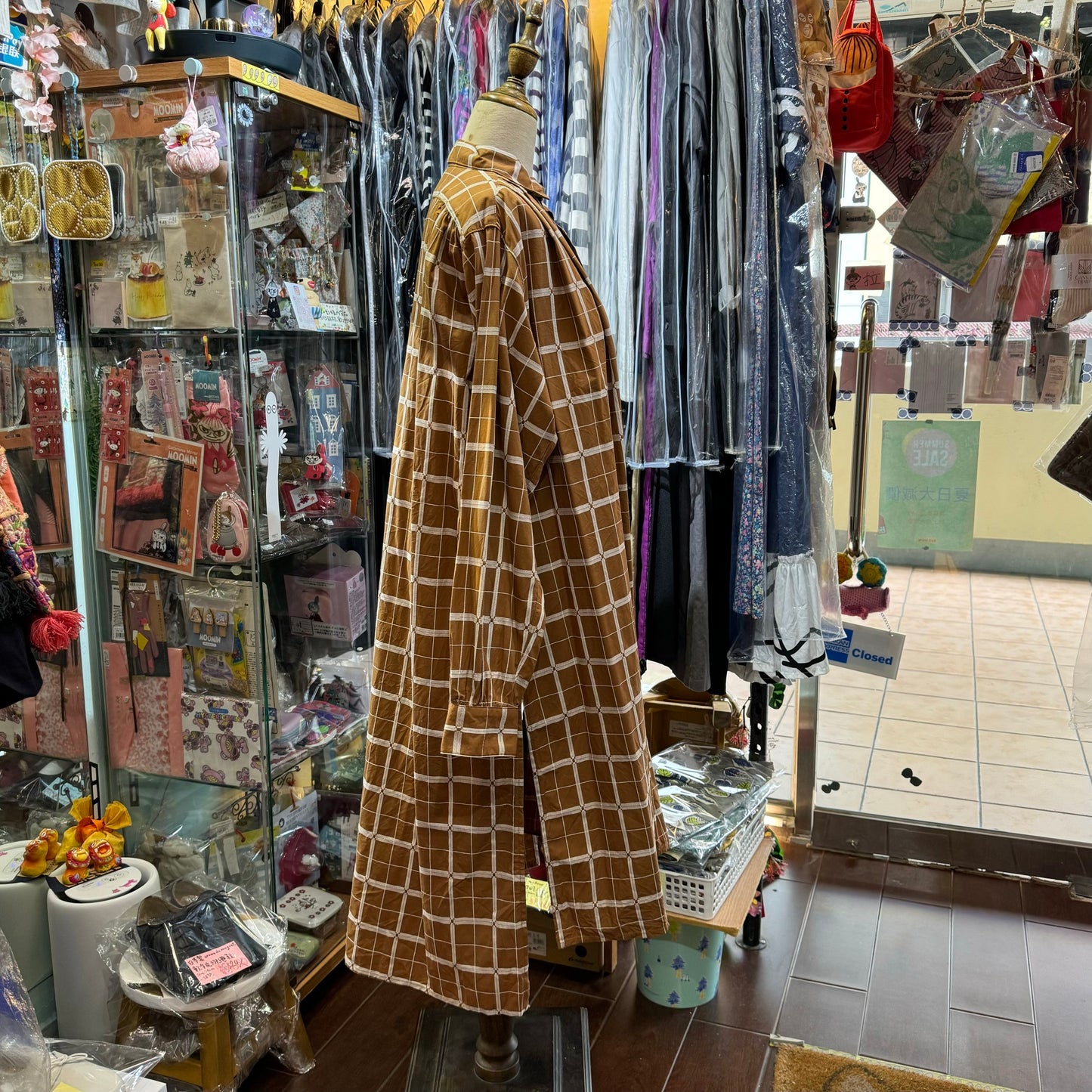 EXTRA20- ICHI Antiquites Beige Checked Long Shirt, Dress, made in Japan